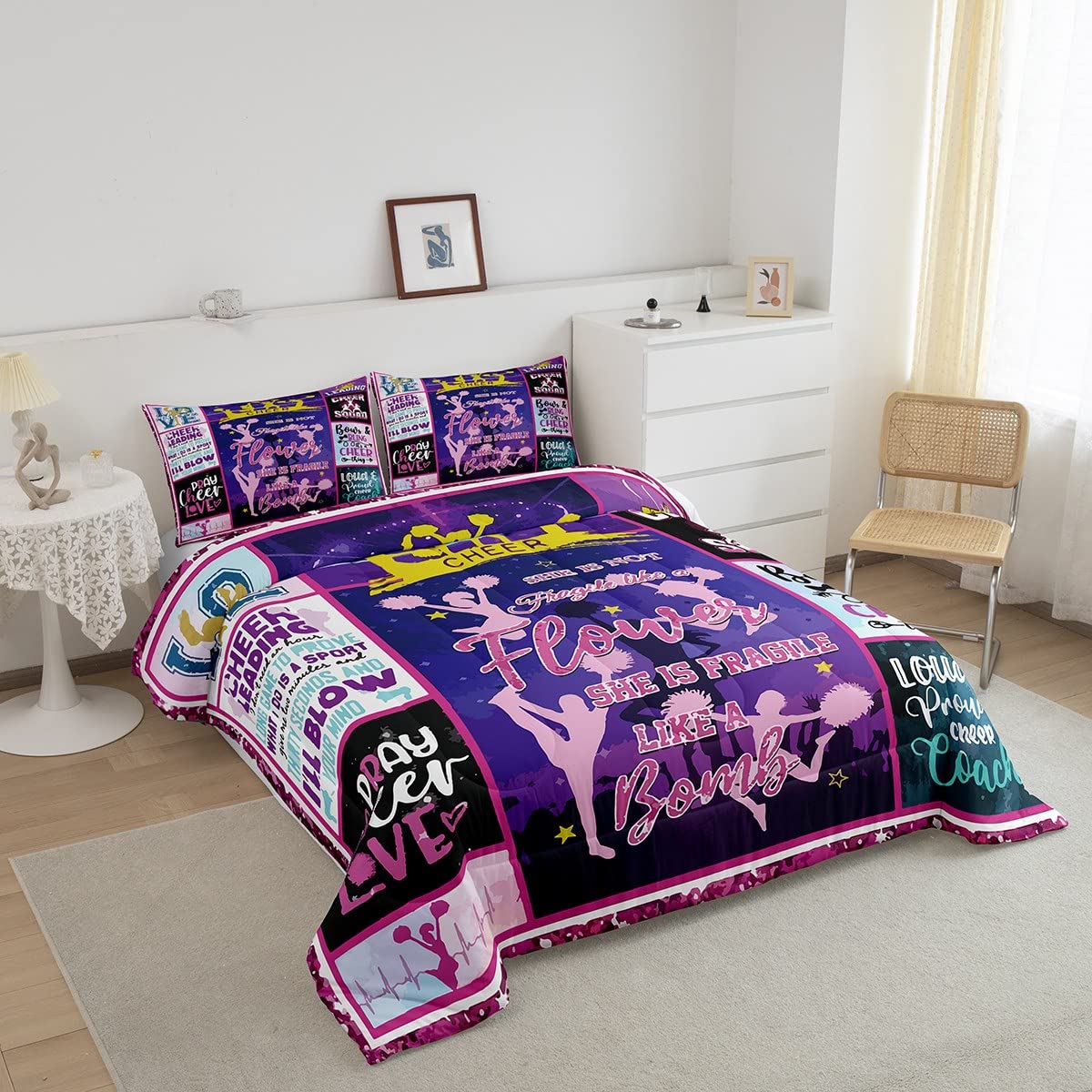 Cheerleader Gifts - Cheerleading Bedding Set for Girls & Teens, Full Size Quilted Duvet Cover with 2 Pillowcases - Perfect for Cheer Squad Dorms, Sleepovers & Game Day Decor