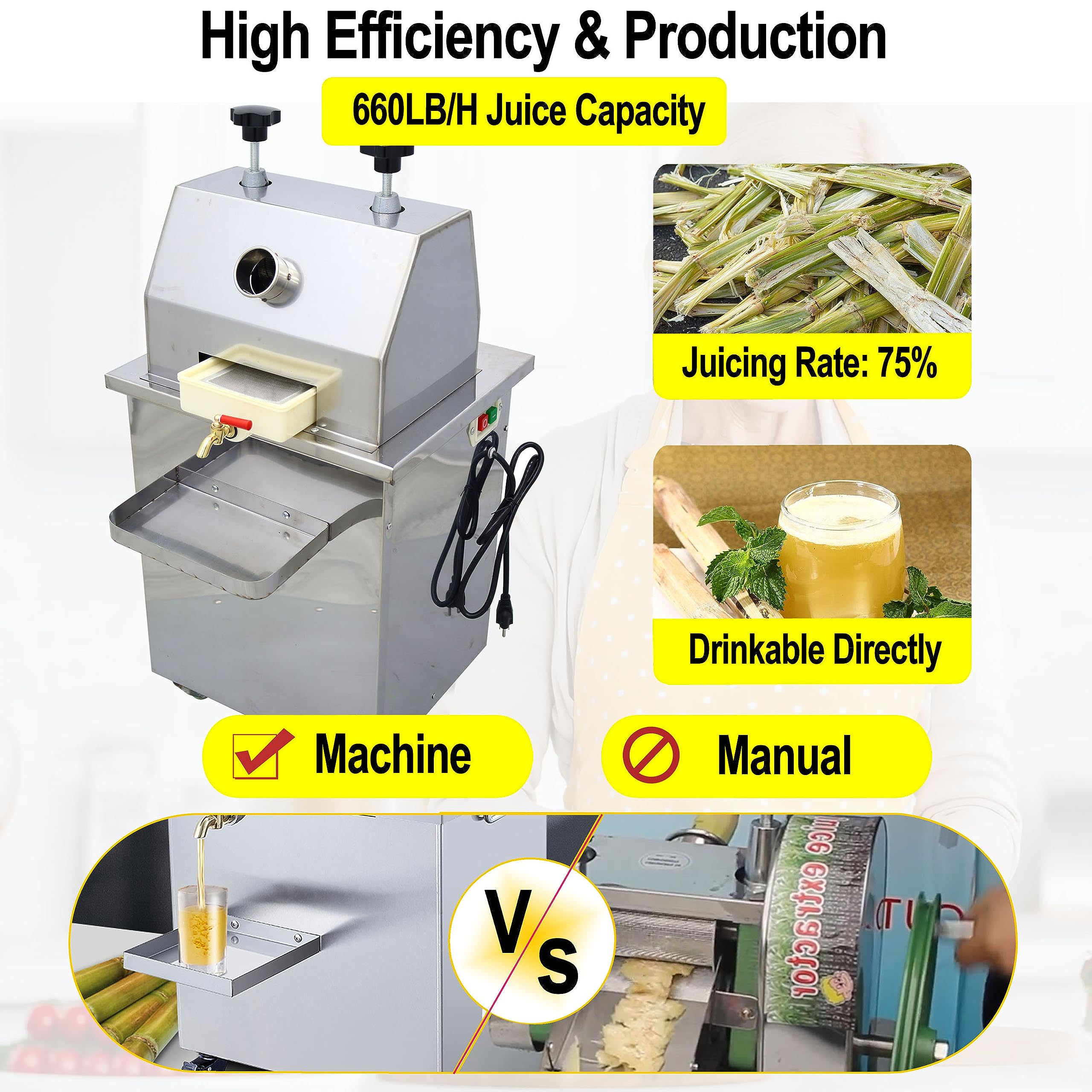 Commercial & Home Use 110V Electric Sugar Cane Juice Press Machine - 1100W 3-Roller Extractor with 4 Casters | Perfect for Juice Bars, Restaurants & Healthy Home Drinks