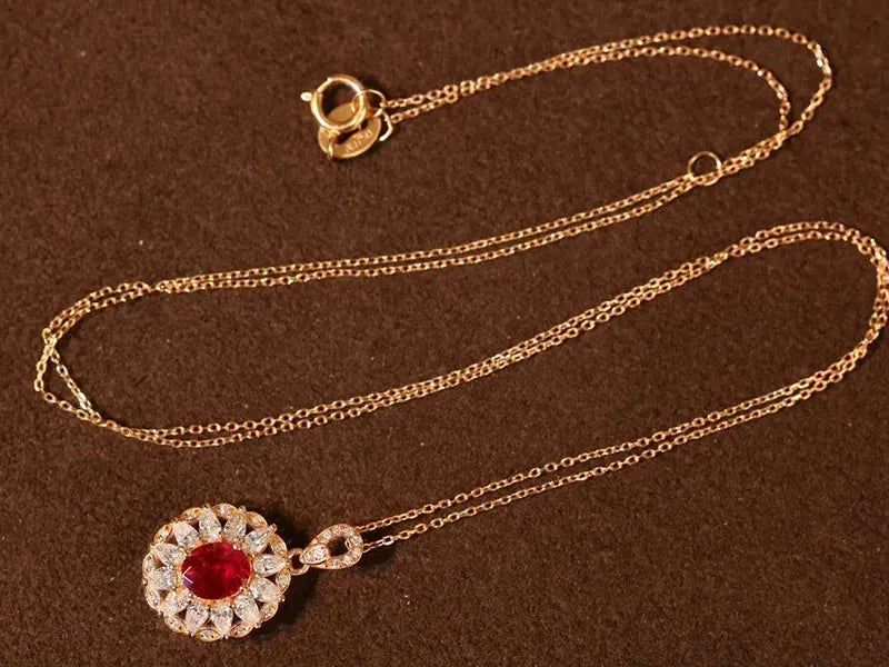 18K Rose Gold Pendant Necklace with Genuine Mozambique Ruby & Diamonds - Elegant Classic Shape Jewelry for Women, Perfect for Engagement, Anniversary & Special Occasions