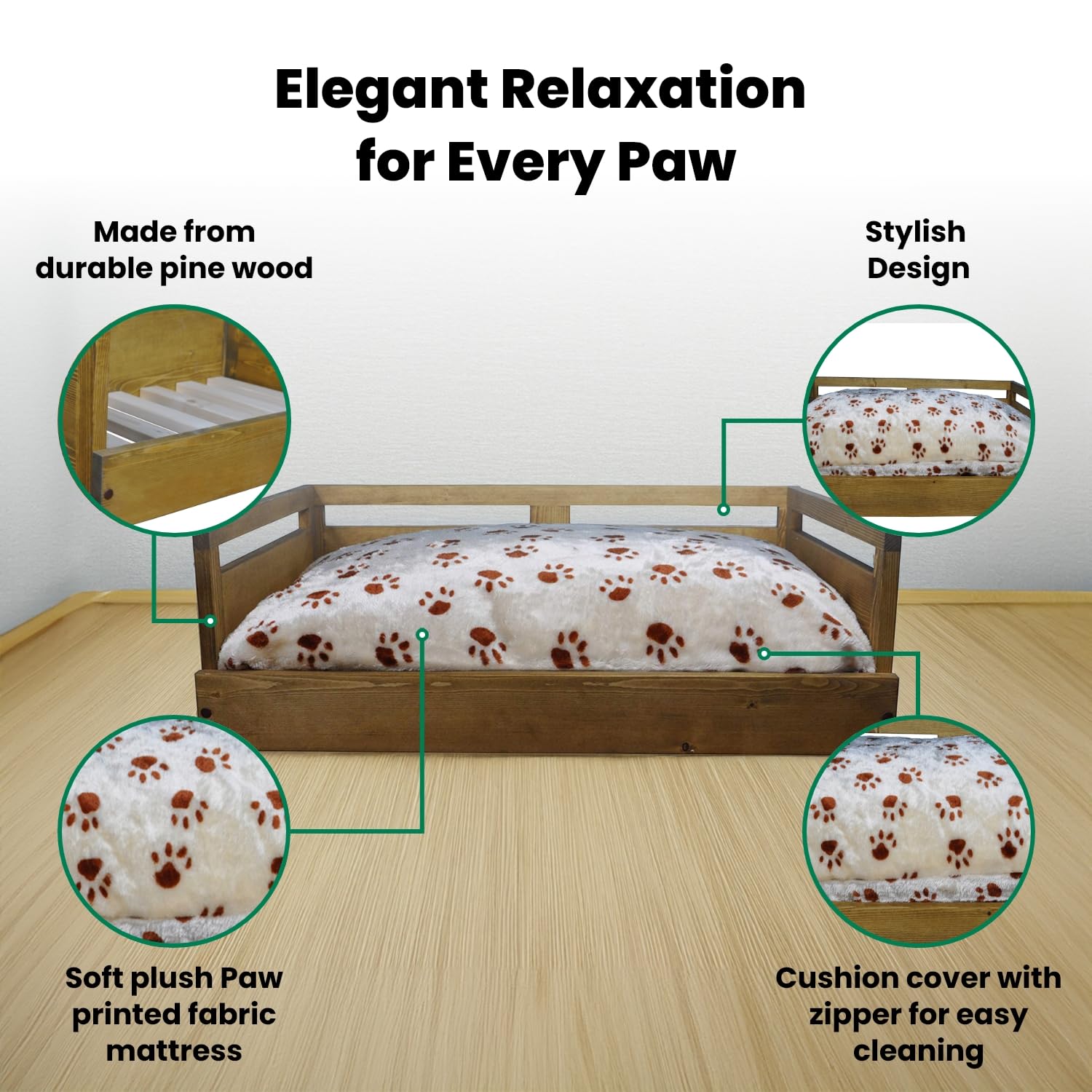 Iconic Pet Sassy Paws Wooden Dog & Cat Bed with Paw Print Cushion - Rustic Brown Small Size - Cozy Pet Furniture for Living Room, Bedroom, or Patio