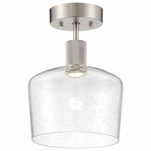 Access Lighting Port Nine Chardonnay LED Semi-Flush Mount Light Fixture - Brushed Steel Finish with Seeded Glass Shade - Energy Efficient LED Lighting for Dining Room, Kitchen or Bedroom Ceiling