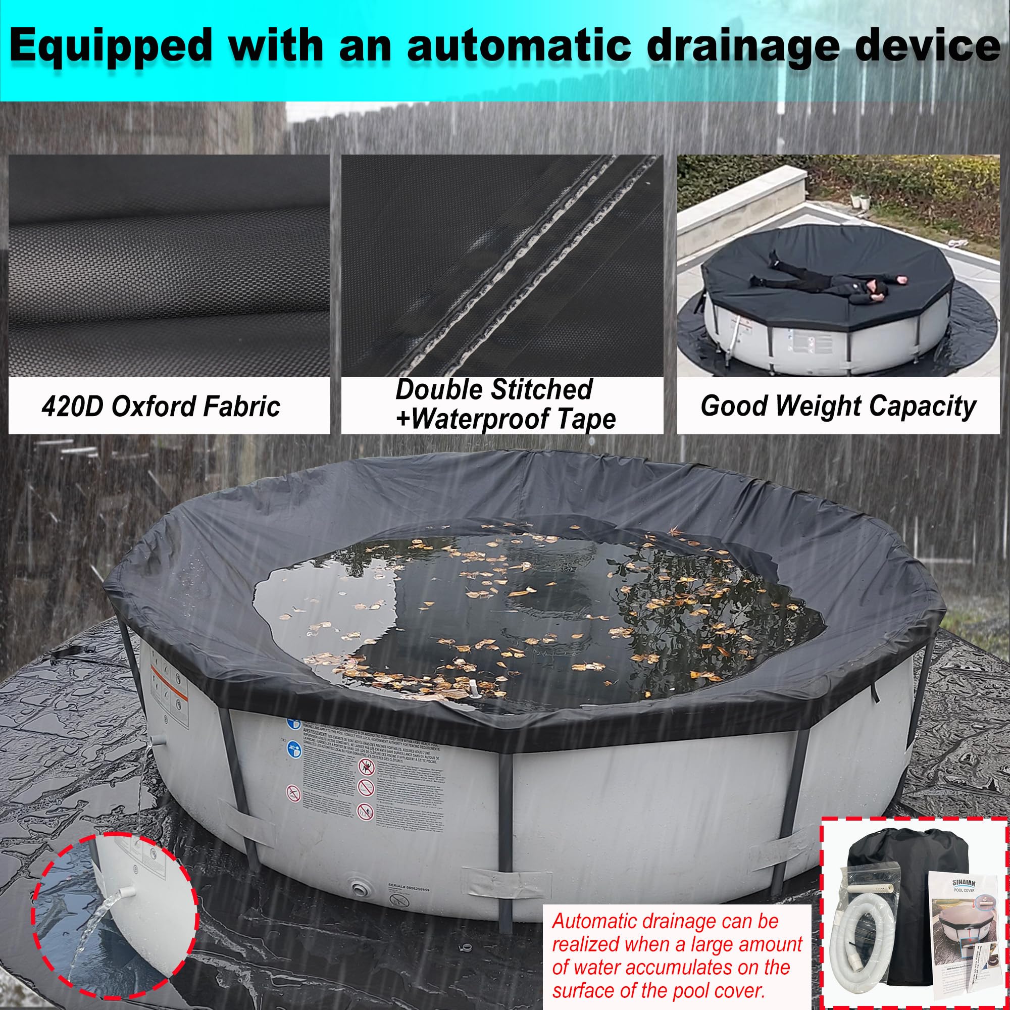 22 Ft Round Above Ground Pool Cover with Automatic Drain - Heavy Duty Winter Pool Protector, Dustproof & Waterproof Hot Tub Cover - Easy Installation for Swimming Pools & Spas (Ideal for Winter Protection & Year-Round Use)