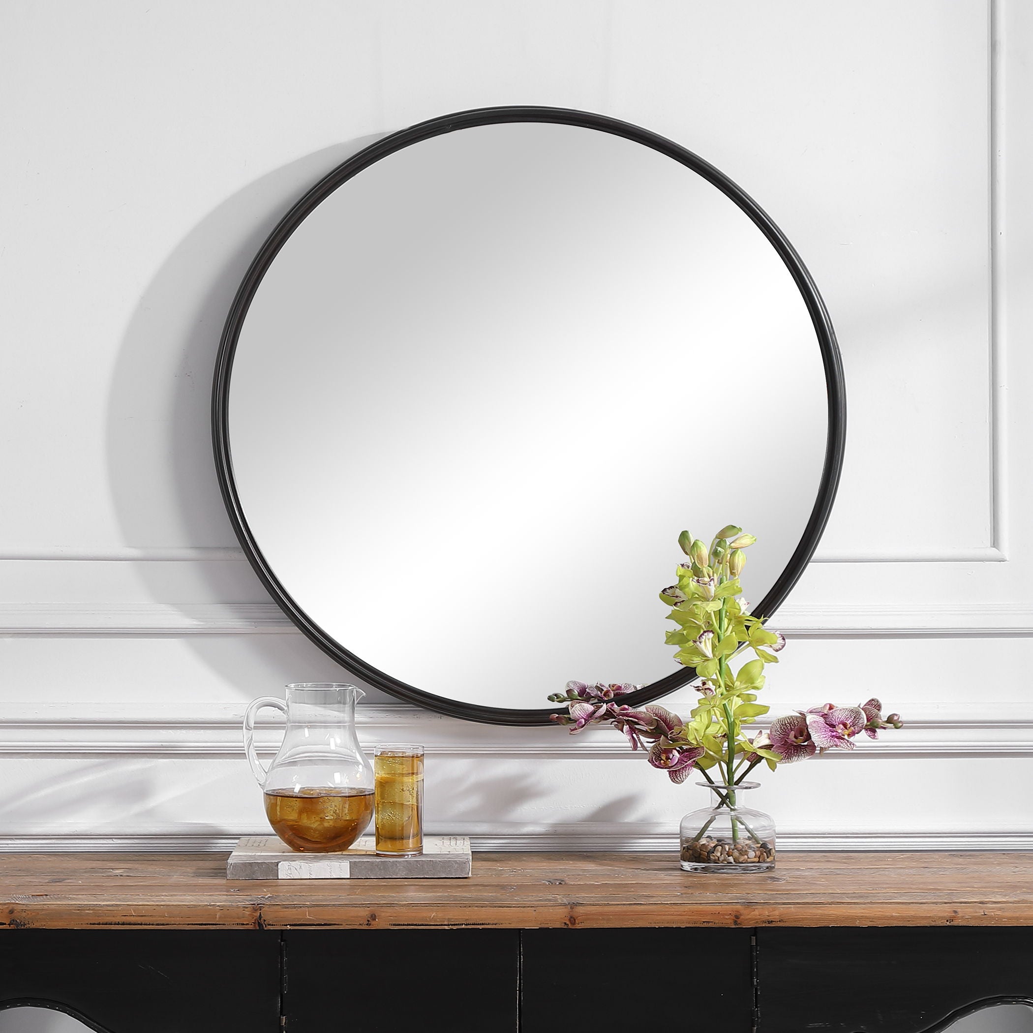 Belham Modern Round Iron Wall Mirror in Black - Perfect for Living Room, Bedroom, or Entryway Décor