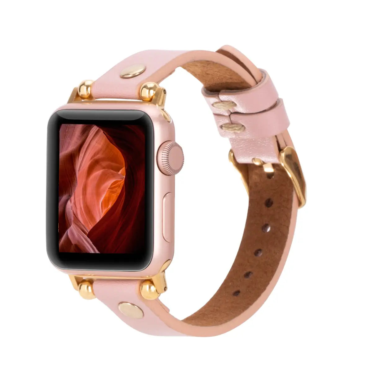 Pink Leather Ultra Slim Apple Watch Band with Gold Rivet - Stylish & Lightweight Replacement Strap for Women & Men - Perfect for Workouts, Office & Everyday Wear