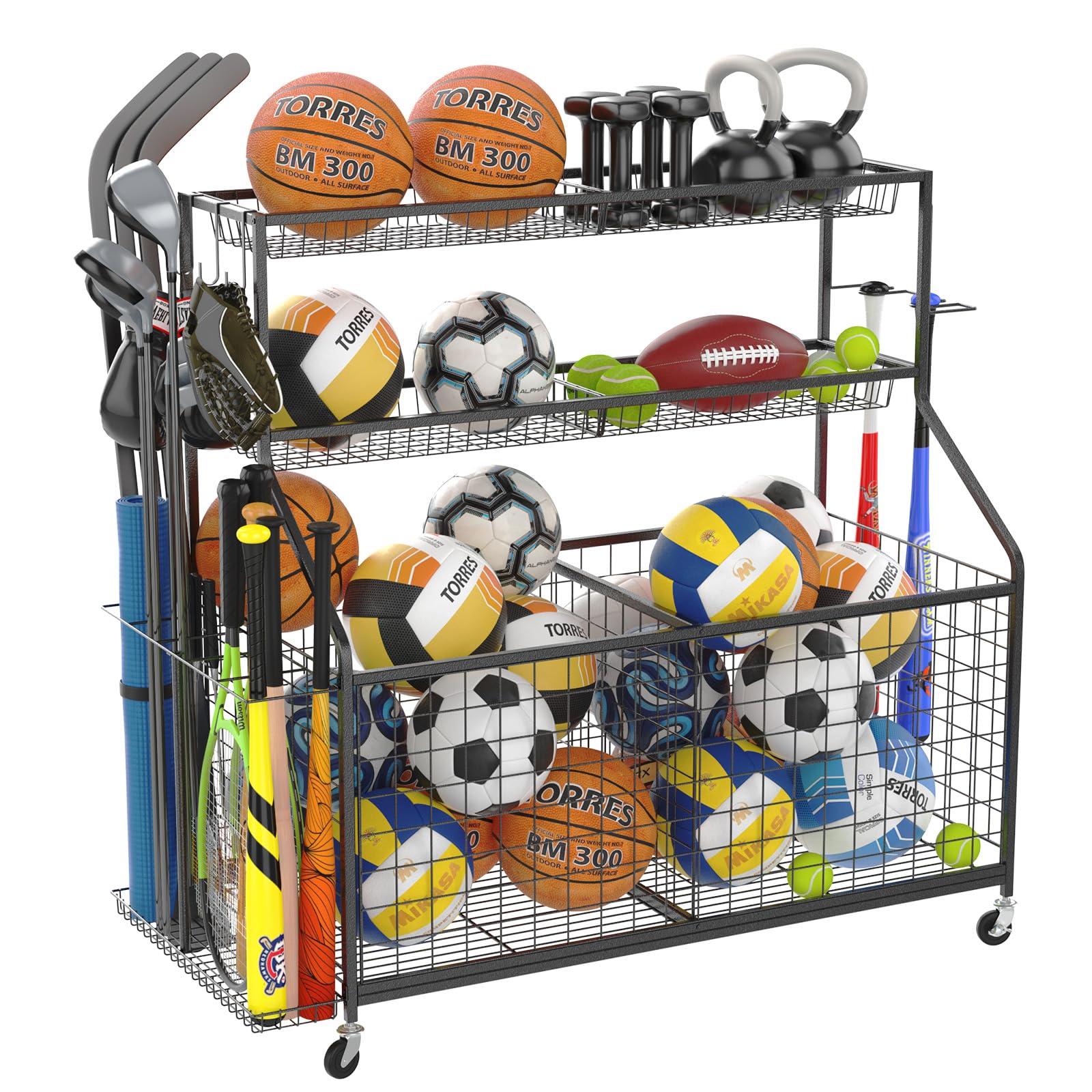 Gadroad Rolling Sports Ball Storage Cart with Baskets & Hooks - Garage Organizer for Basketball, Soccer, Football Equipment - Heavy-Duty Black Sports Gear Rack for Home, Gym, and Playroom Organization