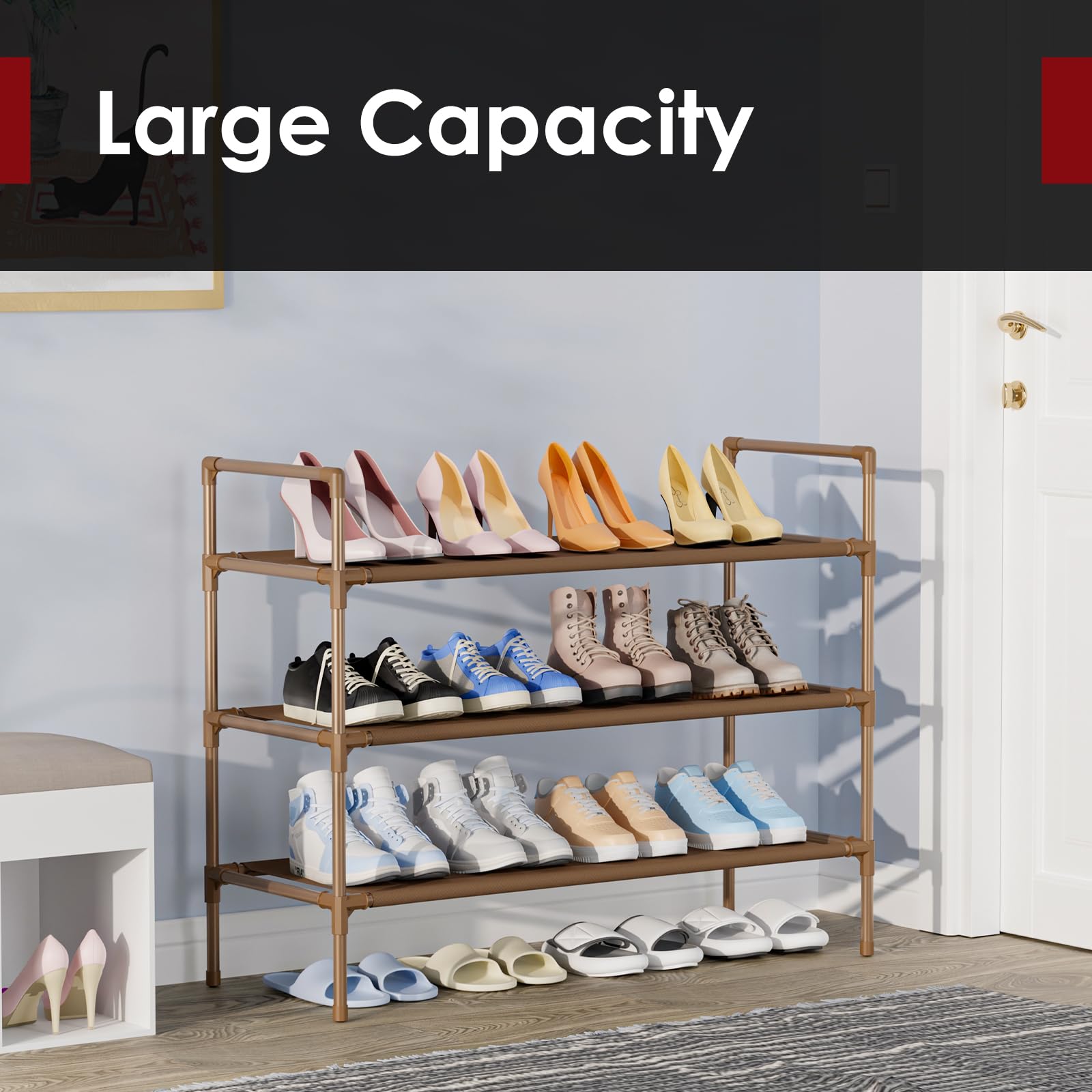 3-Tier Stackable Shoe Rack Organizer with Non-Woven Fabric - Extra Large Brown Shoe Shelf for Closet, Garage, Entryway & Hallway - Sturdy Space-Saving Storage Solution for Shoes, Boots & Sneakers - Perfect for Home, Apartment & Dorm Organization