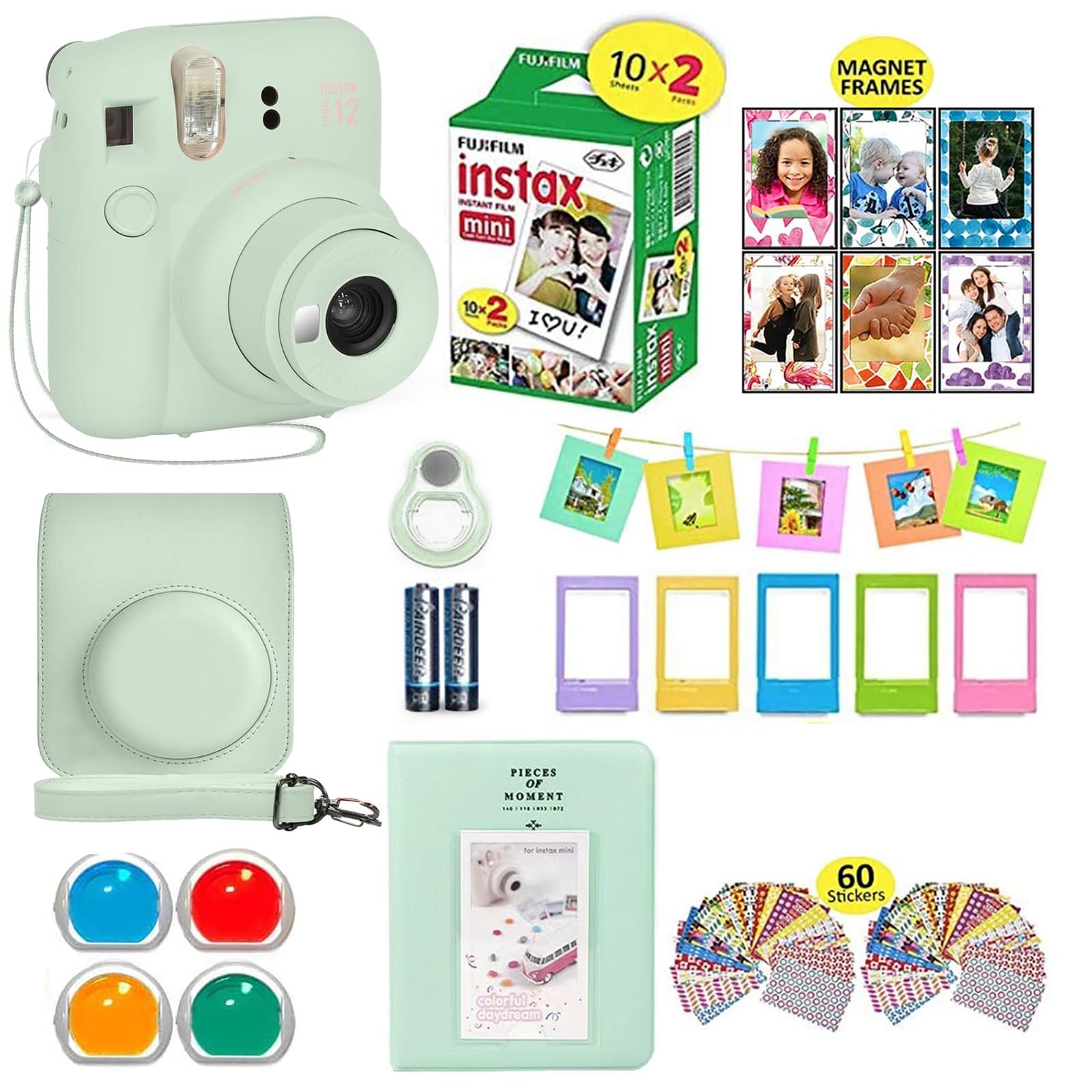 Fujifilm Instax Mini 12 Instant Camera in Mint Green with Carrying Case, 20-Sheet Film Pack, Photo Album & Accessories Bundle - Perfect for Travel, Parties & DIY Scrapbooking