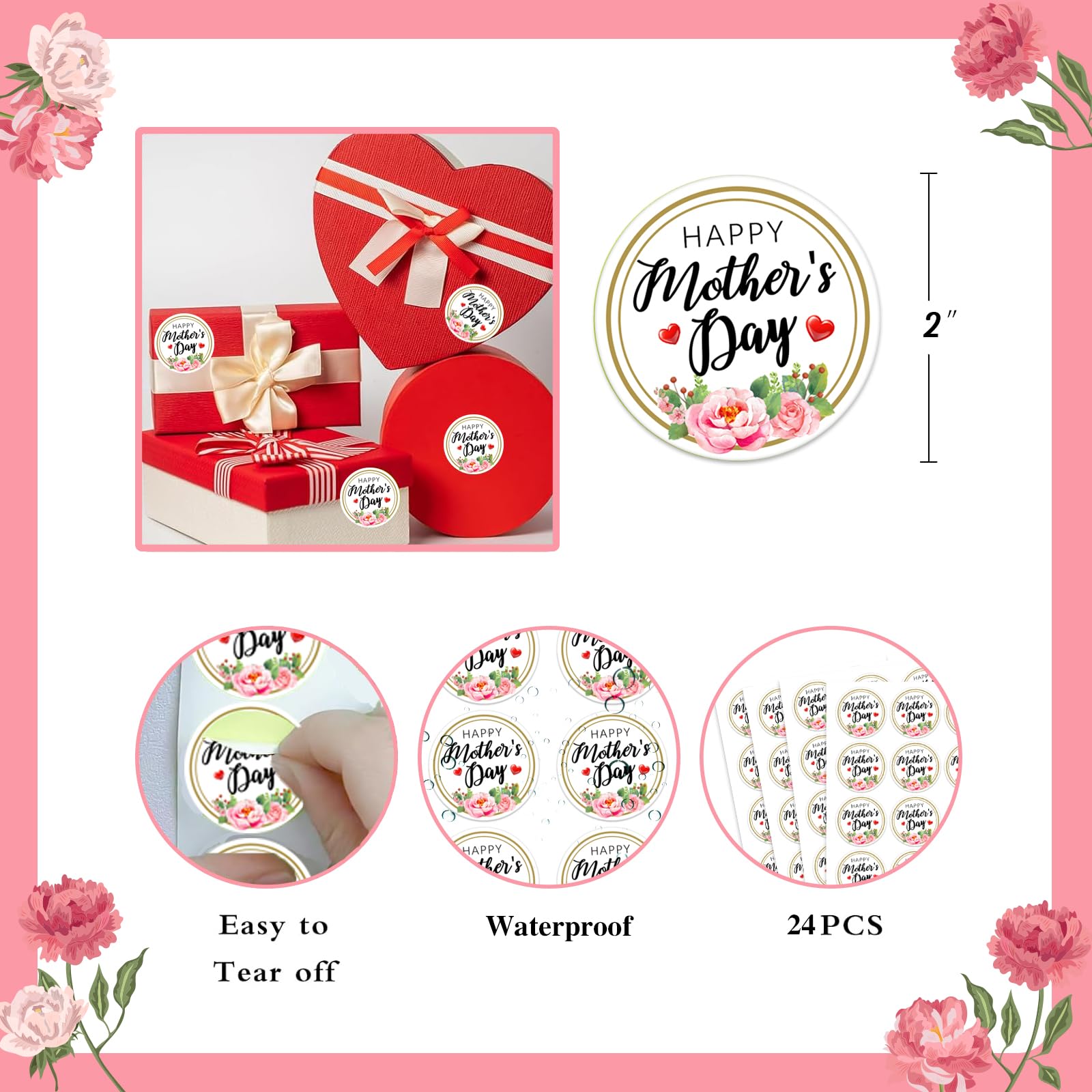 24PCS Happy Mother's Day Stickers - 2 Inch Round Floral Gift Labels for Kids, Envelopes, Cards & Party Decor | Perfect for DIY Crafts, Scrapbooking & Mother's Day Celebrations