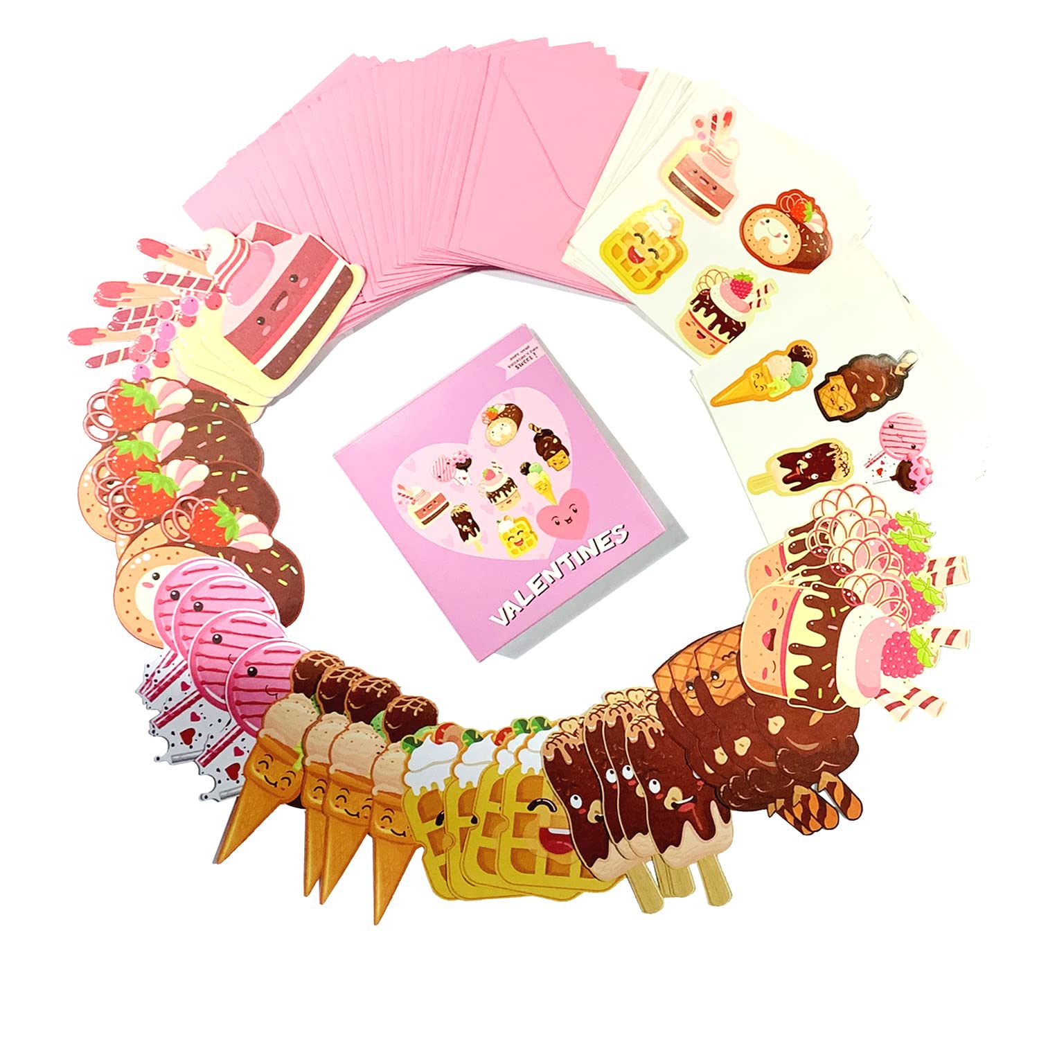 96-Pack Kids Valentine's Day Cards Set - 32 Dessert-Themed Cards, 32 Pink Envelopes & 32 Stickers for School Classroom Exchange Gifts | Perfect for Valentine's Day Parties & Classroom Activities
