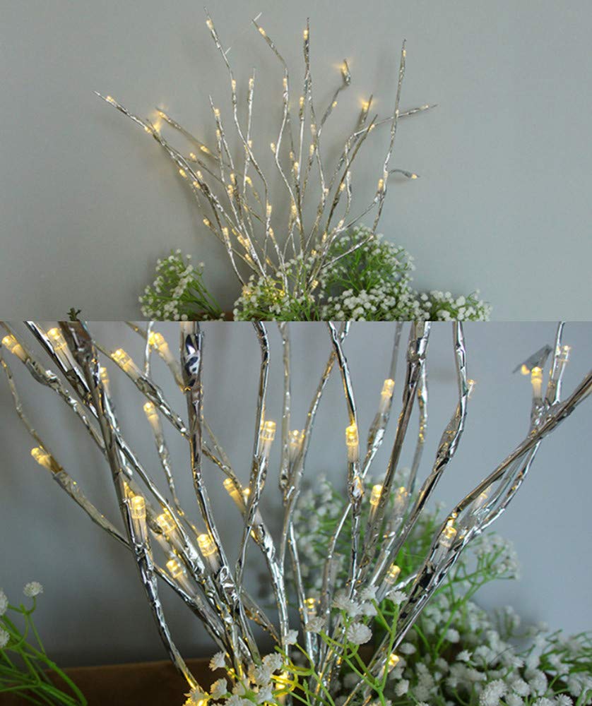 2 Pack LED Lighted Silver Twig Branches - 20 Warm White Battery Powered Decorative Lights for Christmas, Home, Garden, Party & Wedding Decor | Indoor & Outdoor Holiday Decorations