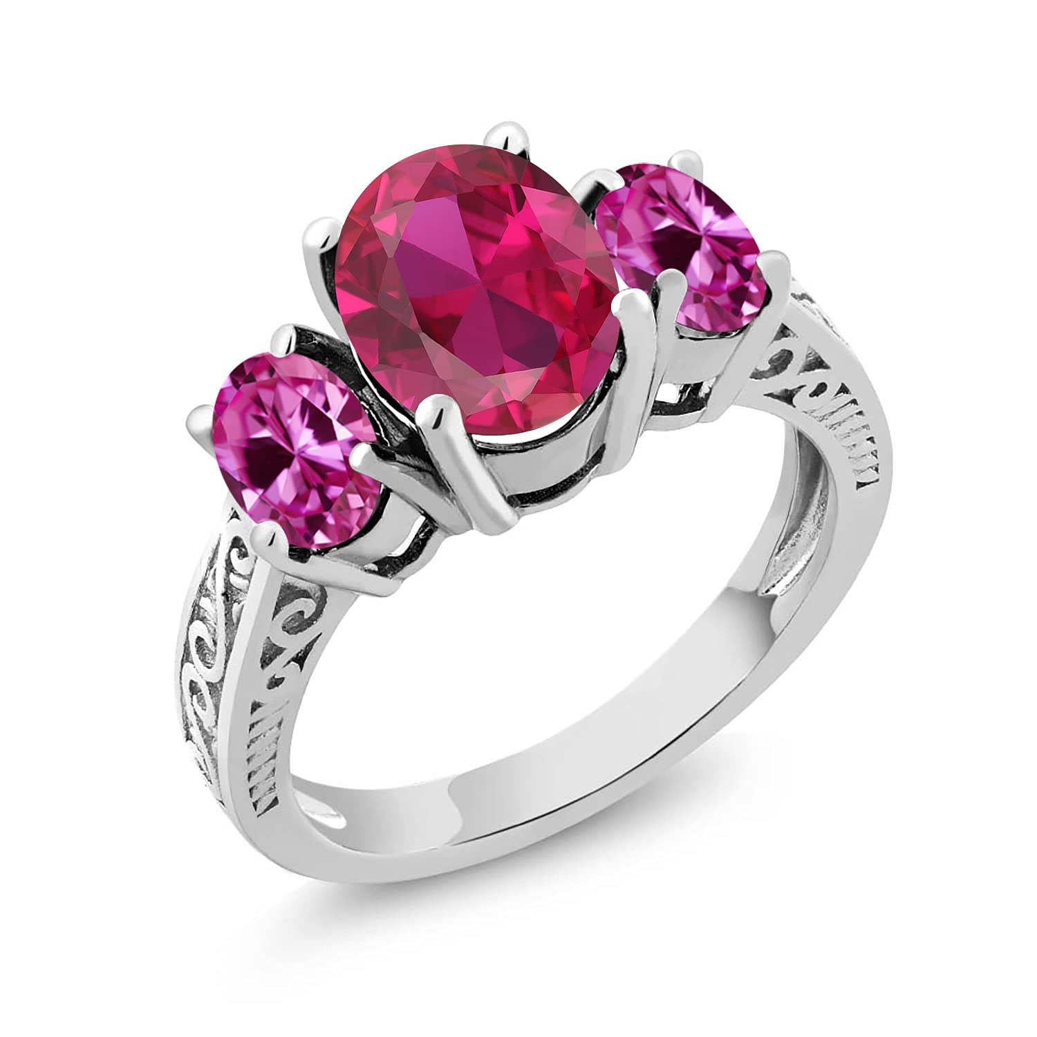 3.20 Ct Red Created Ruby & Pink Created Sapphire 925 Sterling Silver 3-Stone Ring for Women | Elegant Birthstone Jewelry Gift for Anniversary, Valentine's Day & Special Occasions