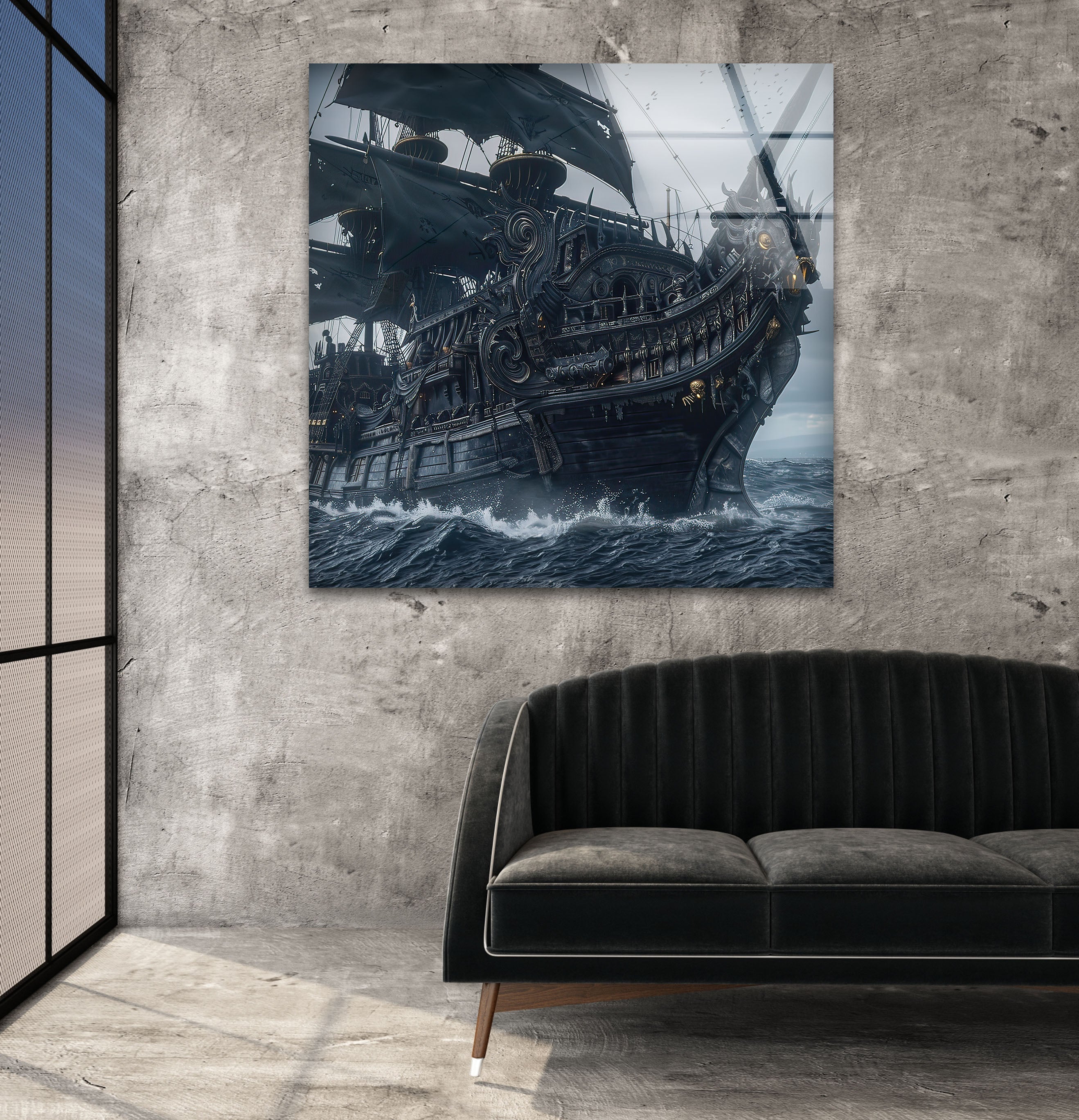 Large Pirate Ship Glass Wall Art Decor - Nautical Theme Stained Glass Window Hanging for Living Room, Bedroom, or Office