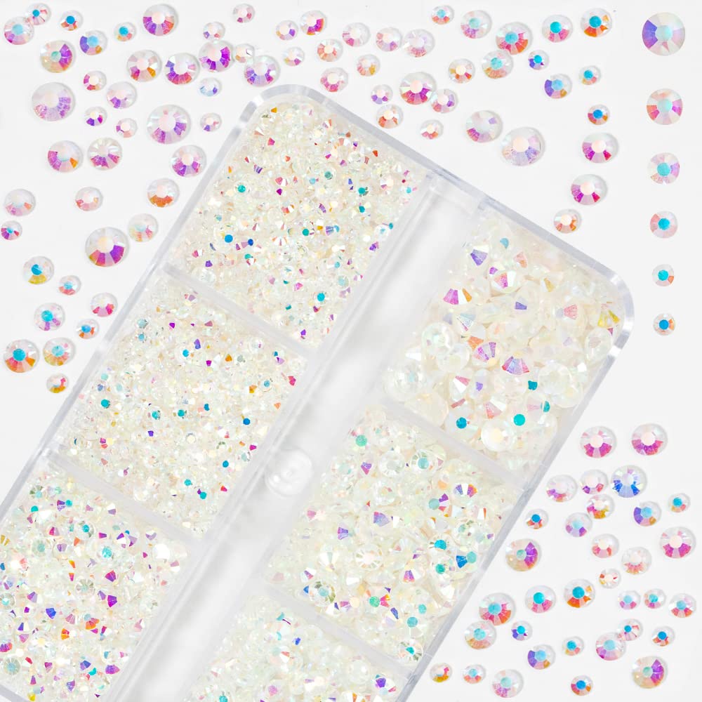 Premium Nail Art Crystal Rhinestone Set - Flat Bottom Round Nails Gemstone Decorations for DIY Manicure & Acrylic Nails (Clear AB) | Perfect for Salon, Home Nail Art, and Party Glam Looks