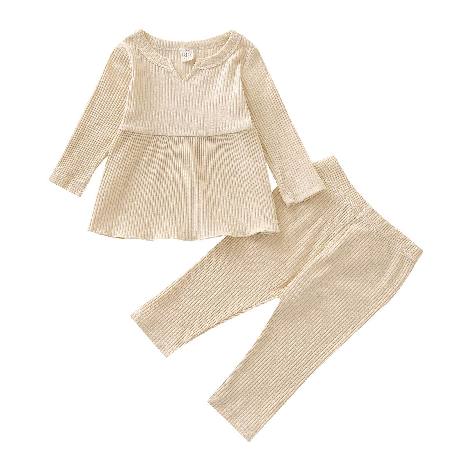 9-Month Baby Girl Clothes Set - Ruffle Long Sleeve Knit Top & Pants Outfit | Gender Neutral Toddler Clothes in Beige | Perfect for Playdates, Family Photos & Everyday Wear