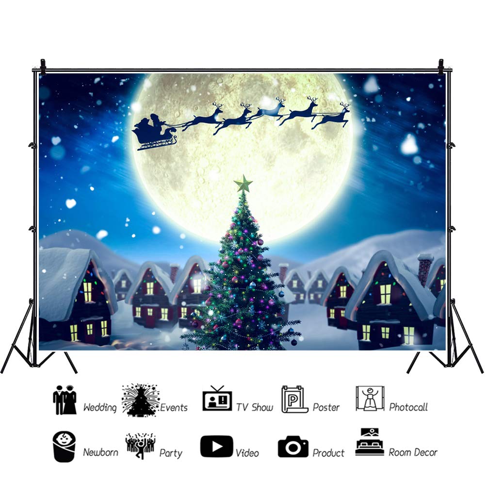 7x5ft Snowy Christmas Tree Photography Backdrop - Winter Village Scene with Santa Claus Sleigh & Reindeer for Xmas Party Decor, New Year's Eve Photo Booth Props, Wallpaper Background (Perfect for Holiday Photos, Social Media Content & Festive Events)