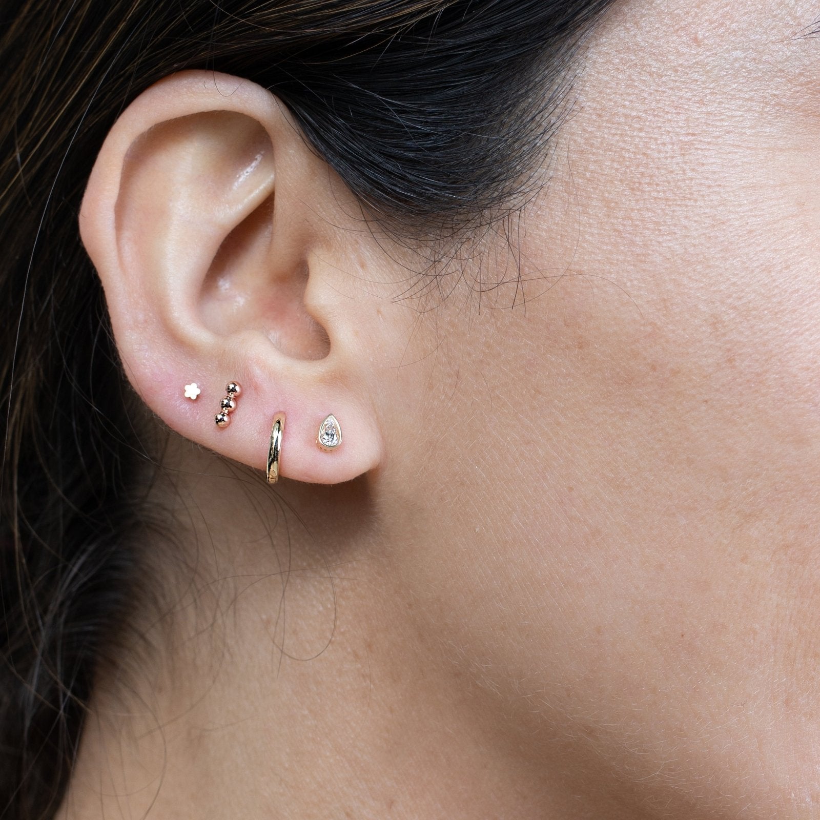 14K Solid Yellow Gold Three Bead Bar Flat Back Stud Earrings - Perfect for Everyday Wear, Gifts & Special Occasions