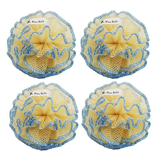 Bleu Bath (4 Pack) Exfoliating Body Scrubber Puff - Deep Cleaning Loofah Mesh Sponge for Men & Women - Rich Lather, Sturdy & Long-Lasting - Perfect for Shower, Spa & Daily Skincare Routine