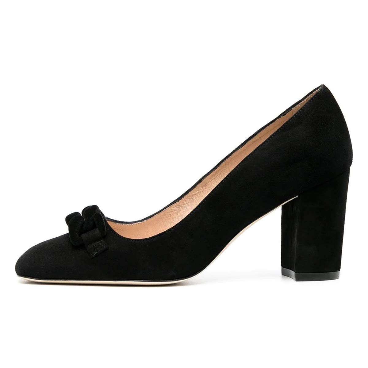 YDN Women's Chunky High Heel Pumps - Square Toe Slip-On Office Shoes with Chain Knot Detail for Wedding & Work | Comfortable Dress Shoes for Professional & Formal Occasions