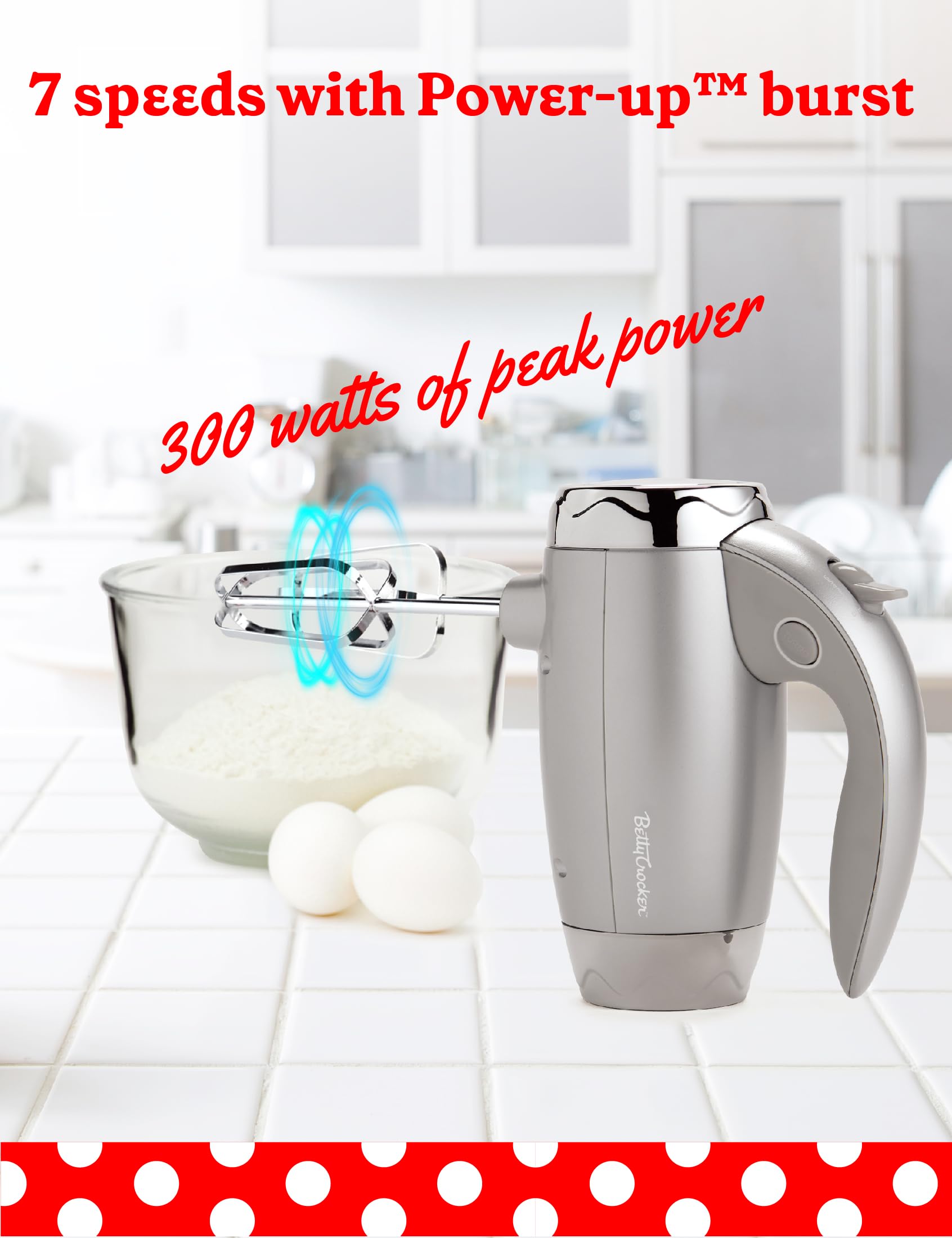 BETTY CROCKER 7-Speed 250W Hand Blender with Beaters & Dough Hooks - Ergonomic Electric Hand Mixer with Stand & Soft Touch Handle for Baking, Whipping, Mixing - Perfect for Cakes, Cookies & Dough in Home Kitchen (Silver)