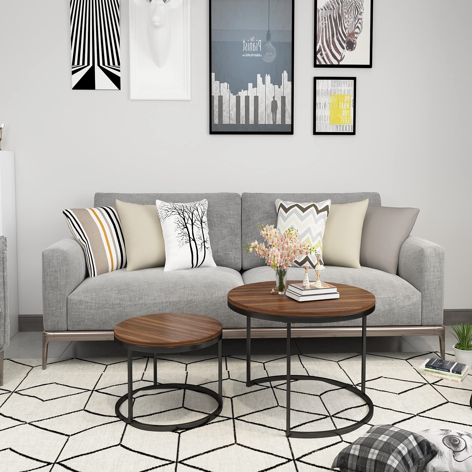 Round Nesting Coffee Table Set of 2 - Walnut Wood Top & Black Metal Frame Accent Tables for Living Room, Bedroom, Balcony - Perfect for Small Spaces, Coffee Time & Home Decor