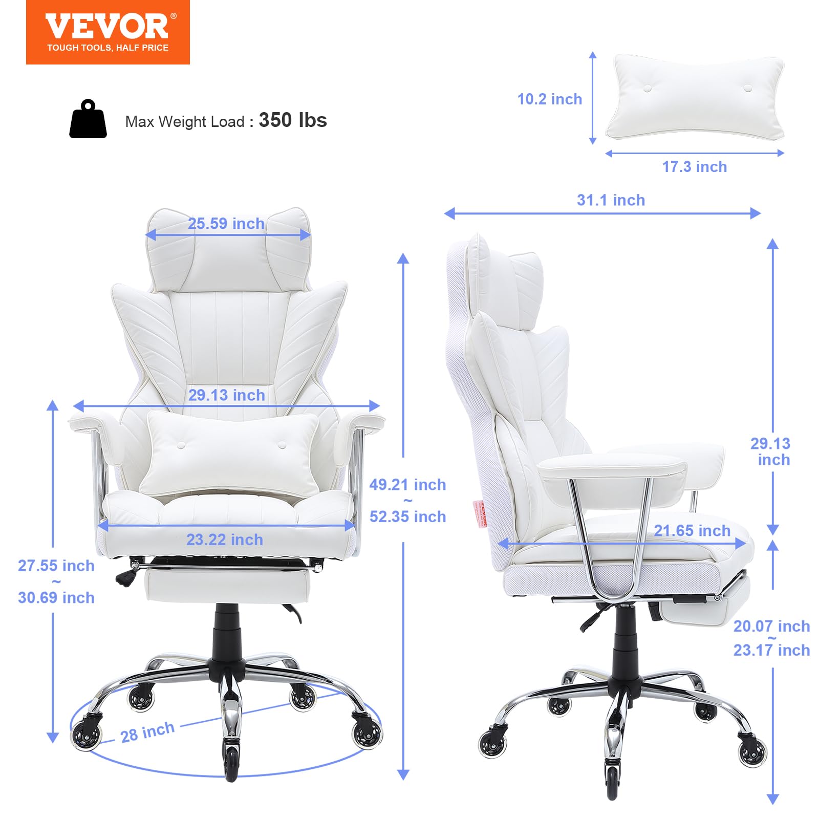 VEVOR Ergonomic Reclining Office Chair with Footrest - Heavy Duty PU Leather Executive Chair for Big & Tall - Adjustable Lumbar Support & Quiet Rolling Wheels - Perfect for Home Office, Gaming & Workspaces (White)