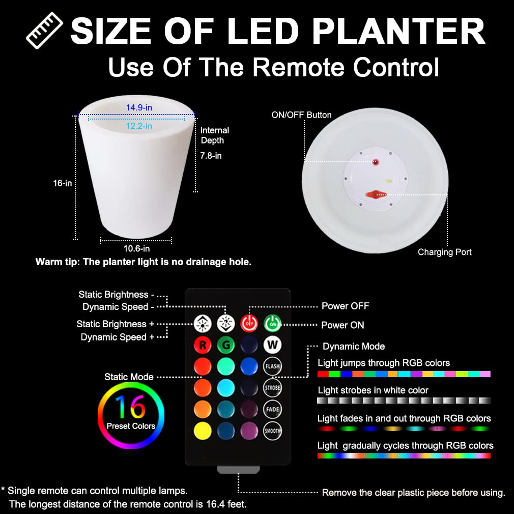 16-inch Round LED Flower Pot Outdoor - Large Rechargeable Dimmable RGB Planter Light with Remote Control | Waterproof Illuminated Plant Pot for Balcony, Porch, Yard & Garden Decor | Modern Home & Outdoor Lighting Solution