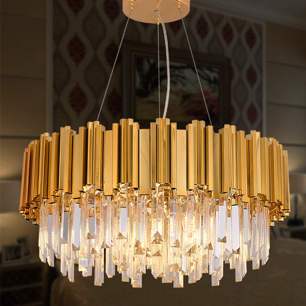 Luxury Gold Plated Modern Crystal Chandelier - Contemporary Raindrop Pendant Ceiling Light Fixture for Dining Room, Living Room, Bedroom & Hotel Decor (21.6