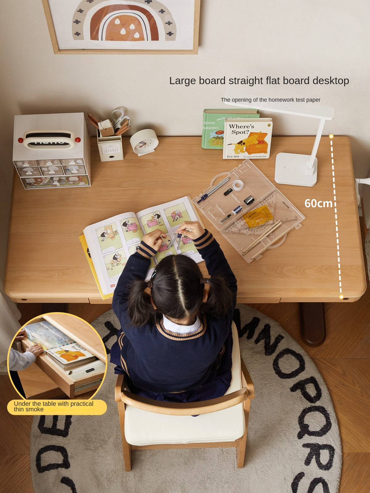 Beech Solid Wood Adjustable Height Kids Study Desk with Hand Crank Lift - Perfect for Homeschooling, Online Learning & Children's Homework Station