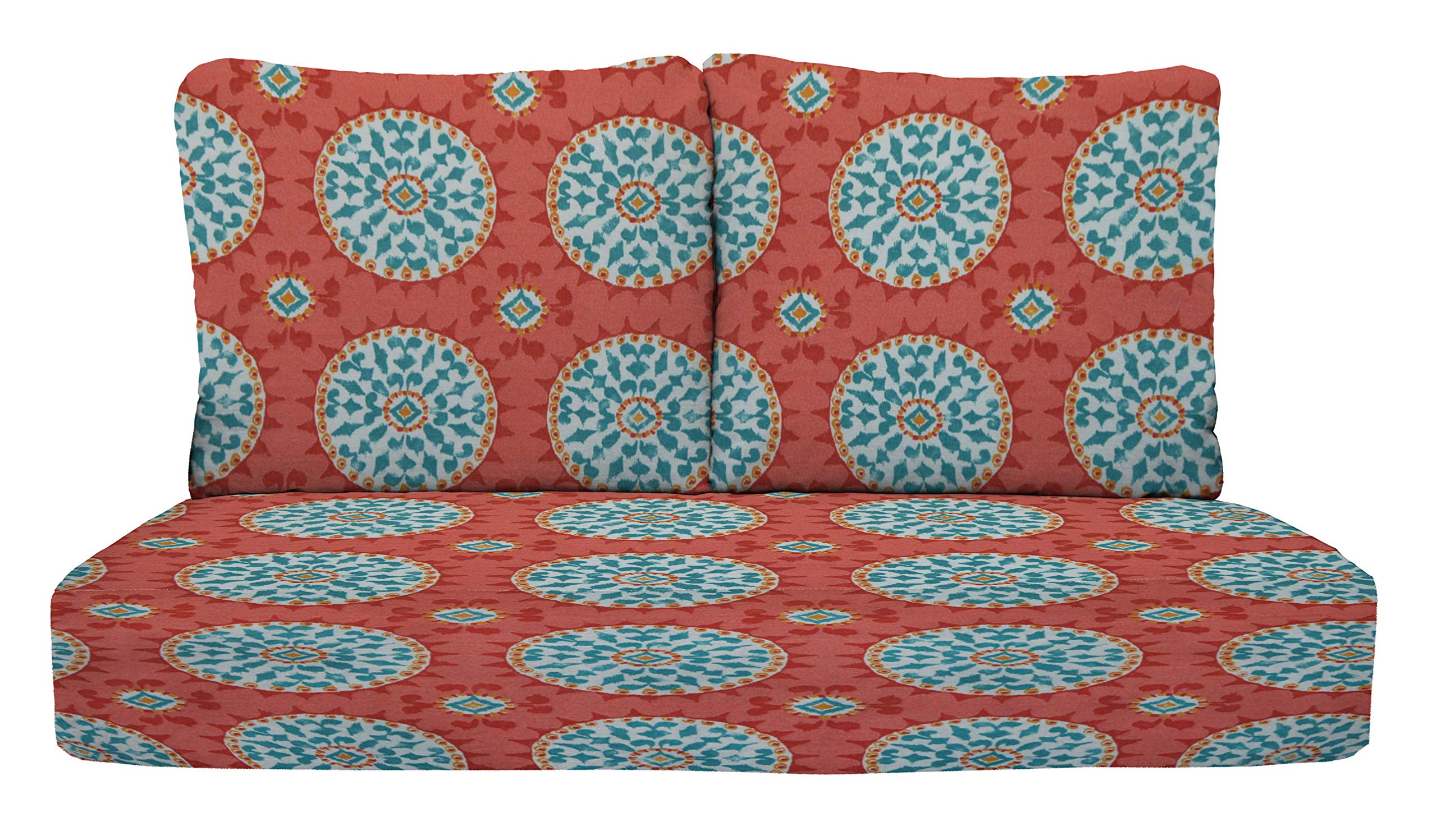 RSH DECOR: 46” x 26” Deep Seating Loveseat Cushion Set - All-Weather Spun Fabric Outdoor Cushions with Foam Settee & Pillow Back - Watermelon Sundial Pattern - Perfect for Patio, Deck, Poolside & Garden Furniture
