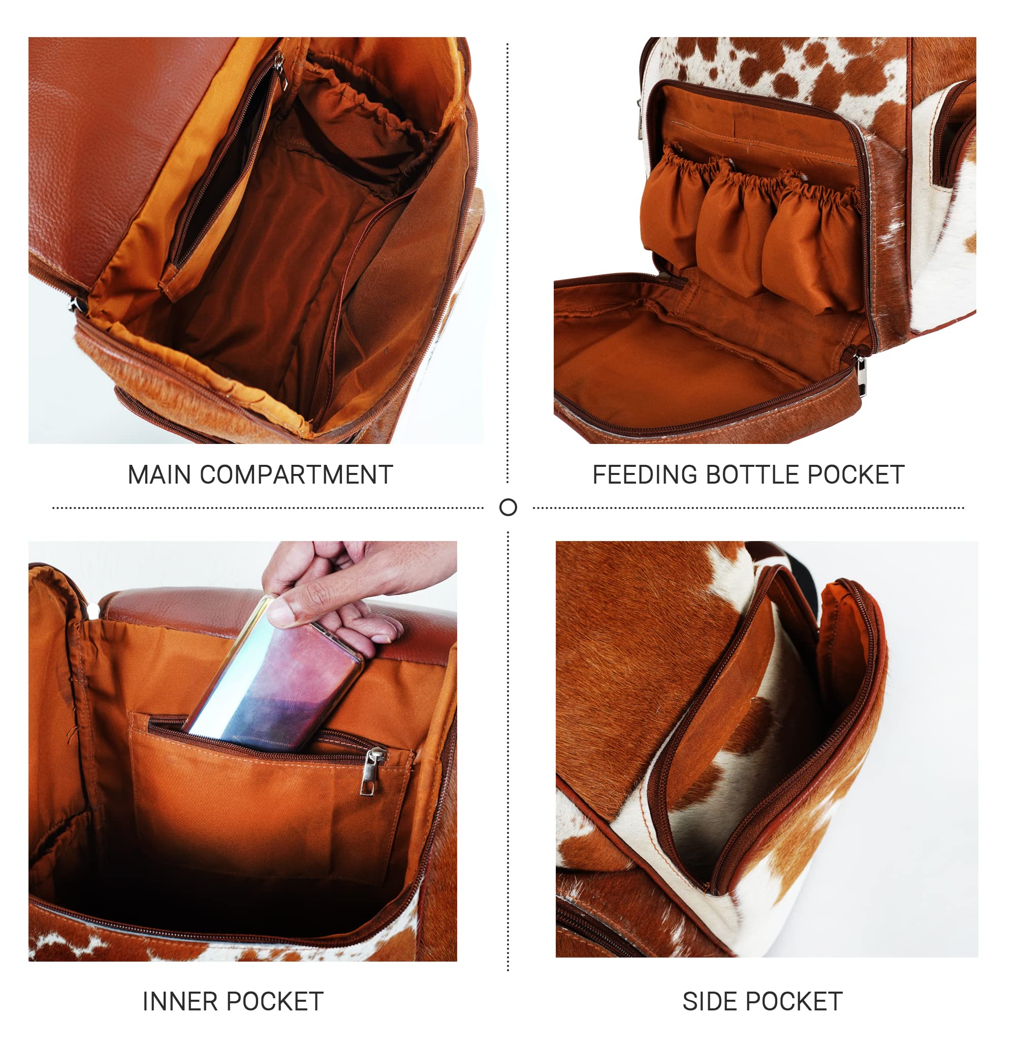 Western Cowhide Print Leather Diaper Backpack for Women - Large Travel Baby Bag with Multiple Pockets | Stylish Brown & White Design | Perfect Shower Gift for New Moms, Nursing & Travel Use