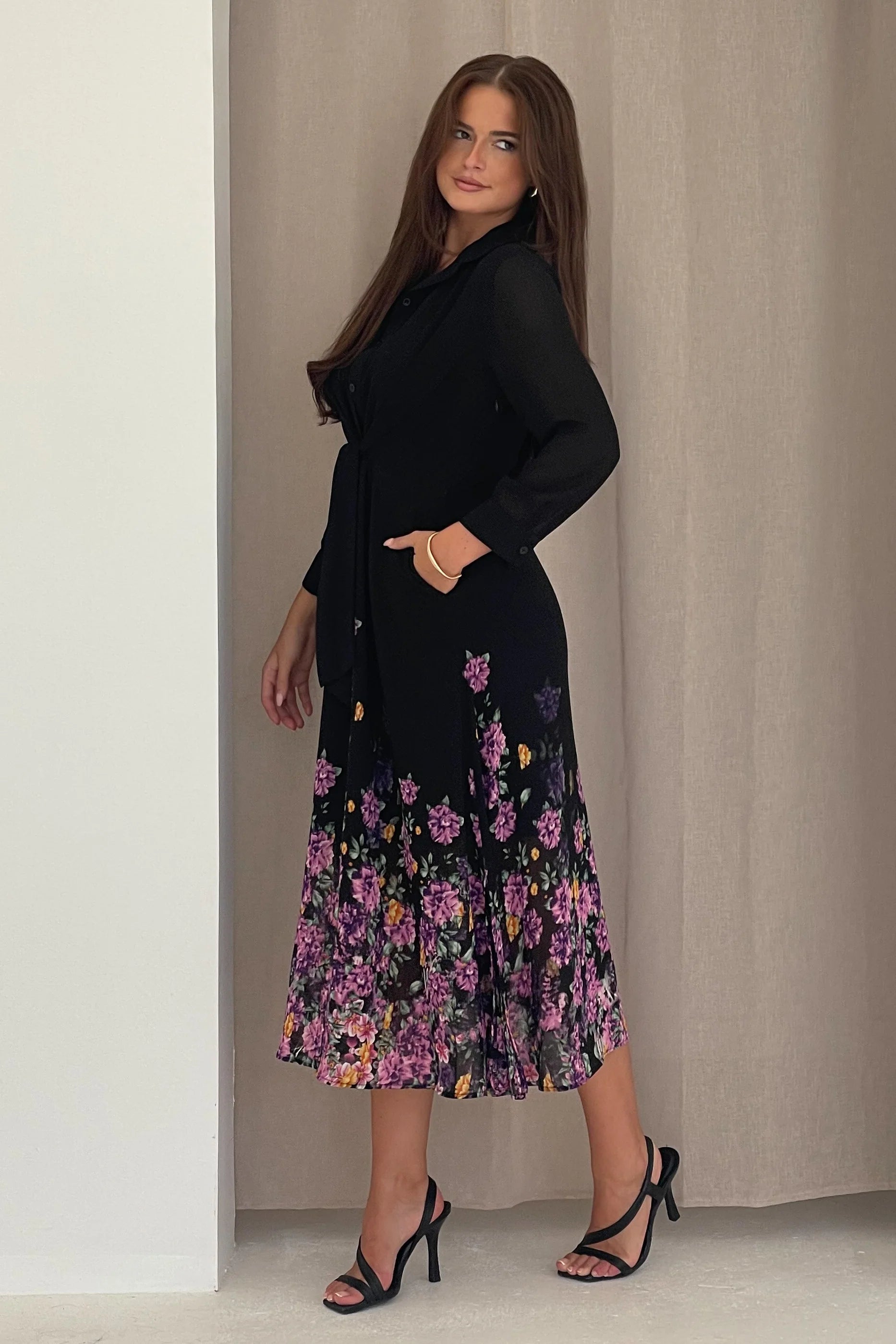 Isabella Purple Floral Print Tie Front Shirt Dress for Women - Elegant Summer Casual Outfit for Brunch, Date Night & Office Wear