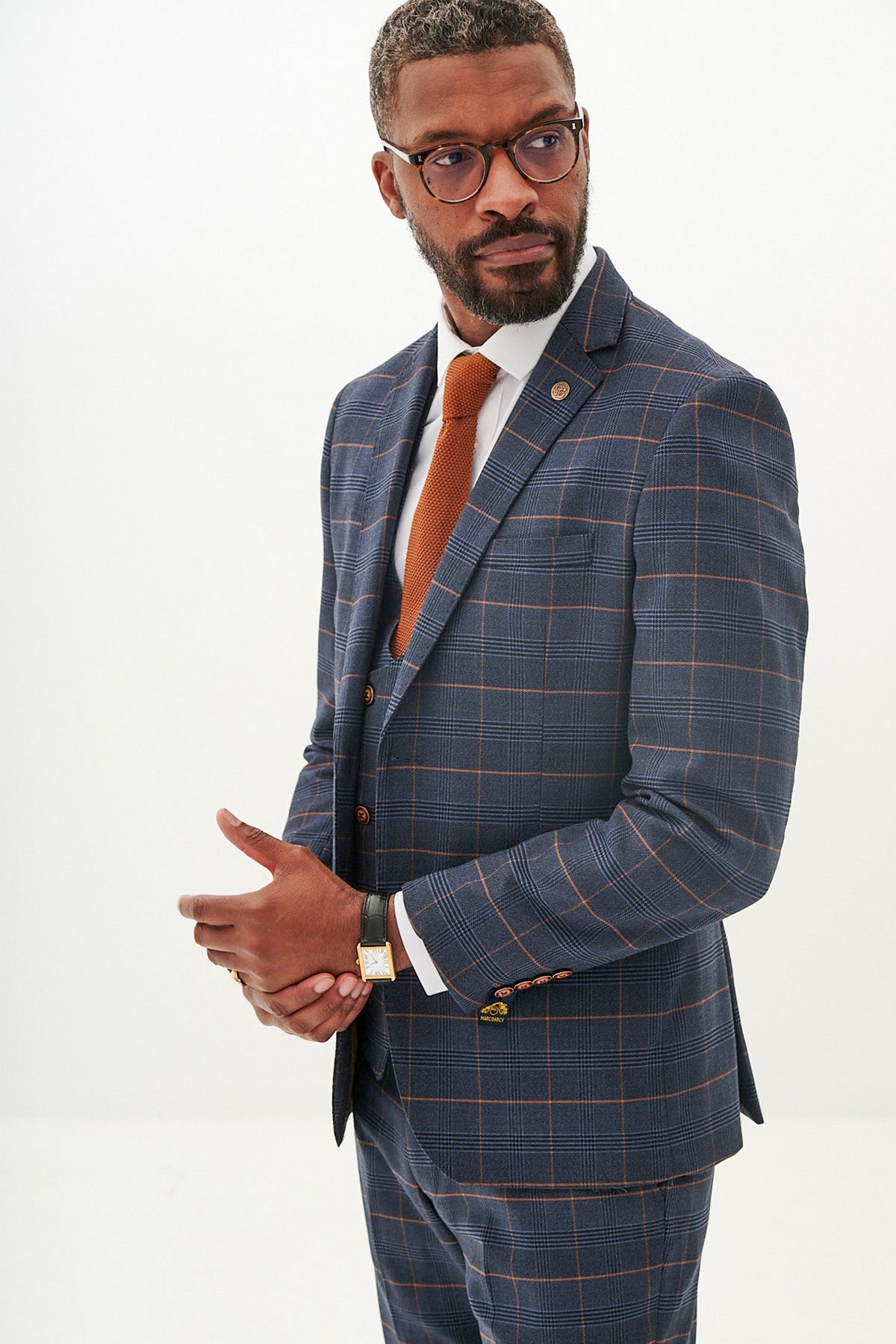 Stylish JENSON Marine Navy Check Suit with Double Breasted Waistcoat - Perfect for Business Meetings, Weddings & Formal Events