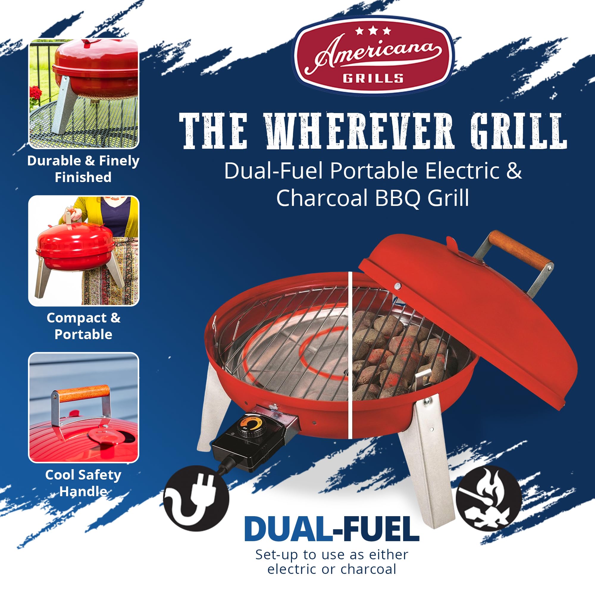 Americana Wherever Grill Dual Fuel Portable Gas & Charcoal Grill - Red | Outdoor Camping, Tailgating, Backyard BBQ & Picnic Cooking