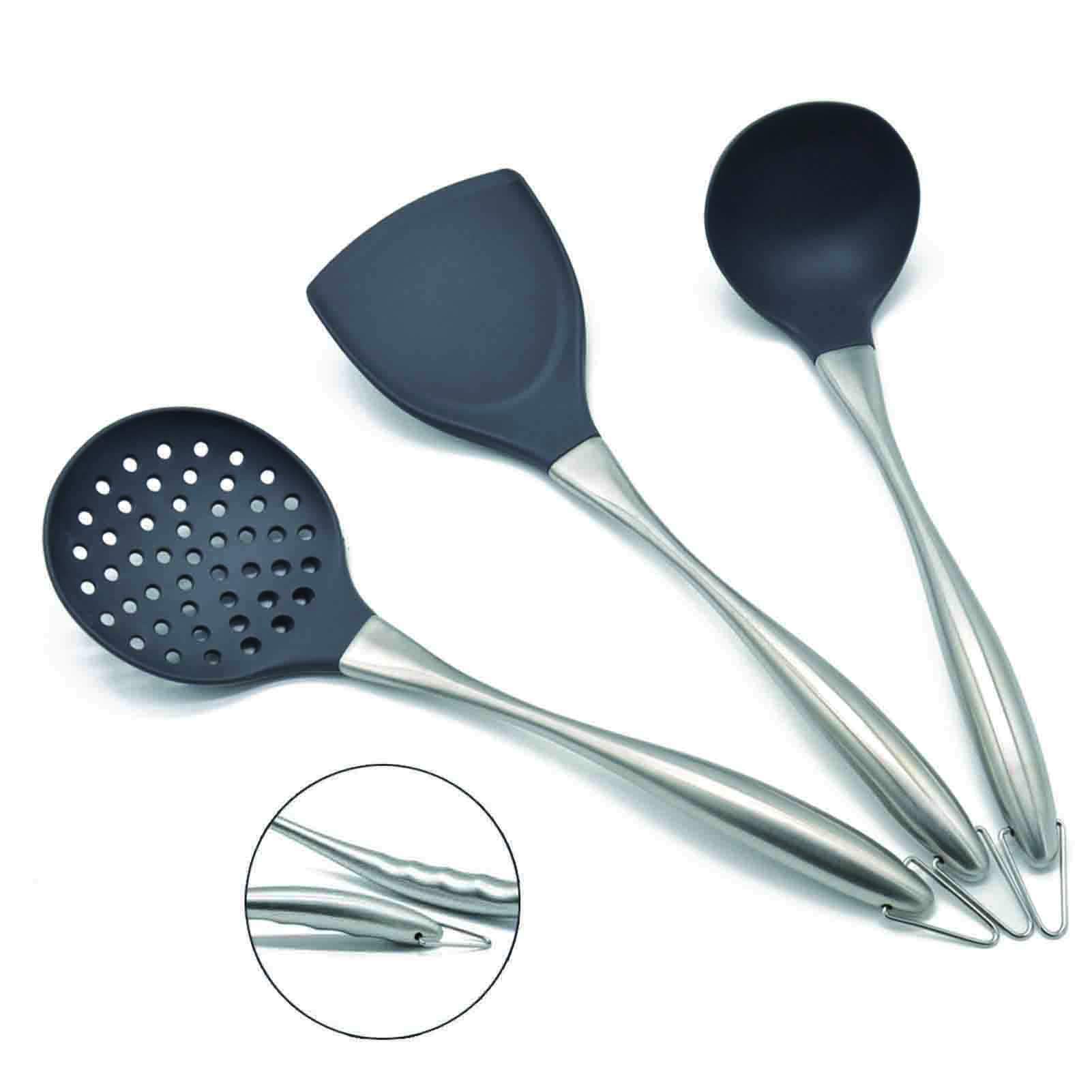 Premium 3-Piece Silicone Kitchen Utensil Set - Heat-Resistant Stainless Steel Handle with Flexible Silicone Head (Wok Spatula, Ladle, Slotted Spoon) - Grey - Perfect for Non-Stick Cookware, Stir-Frying, Serving Soups & Pasta