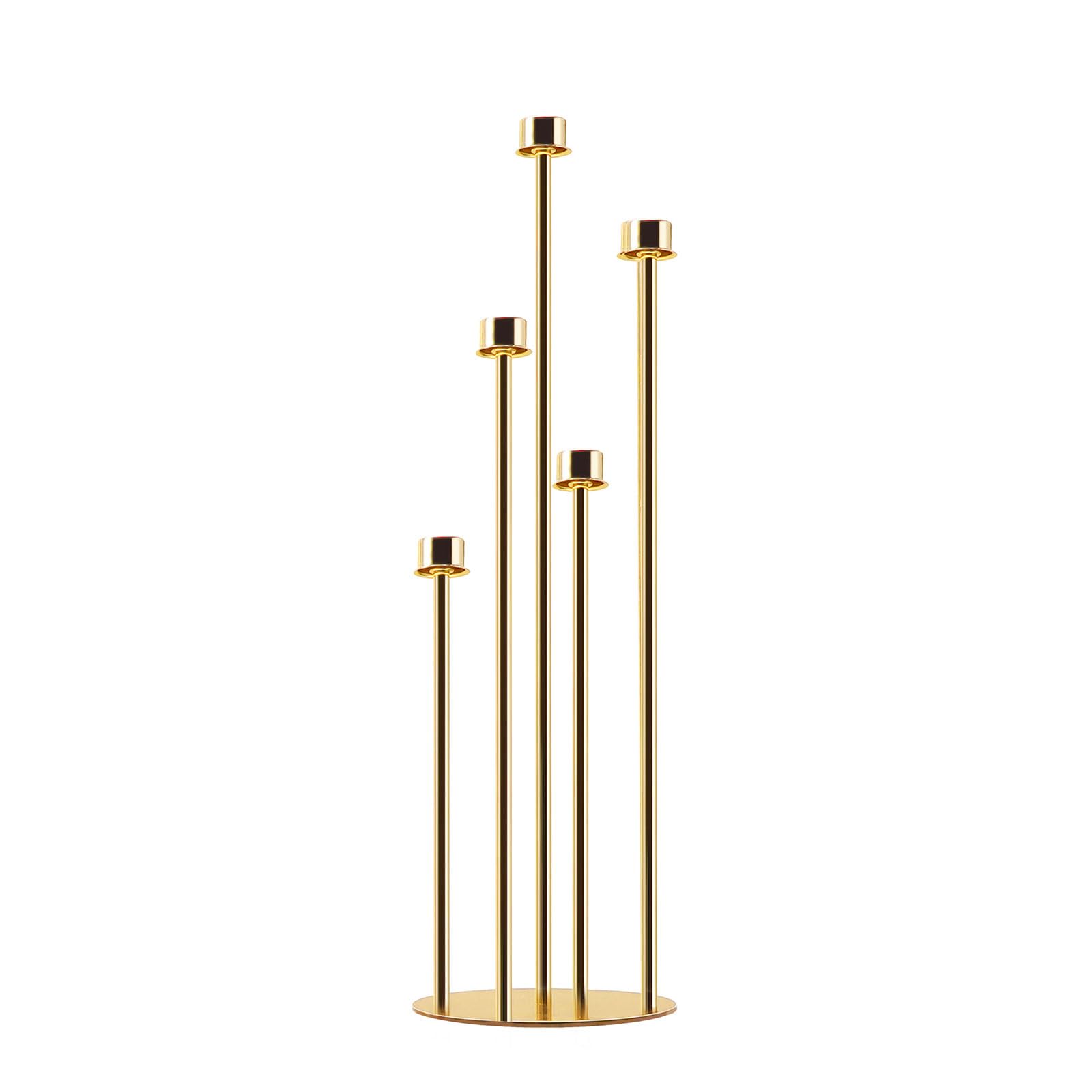 5-Arm Gold Candelabra with Glass Cylinders for Real Candles - Elegant Metal Candle Holder for Wedding, Party & Home Decor - Large Centerpiece (Set of 2) - Perfect for Dining Table, Mantel Decor and Special Events