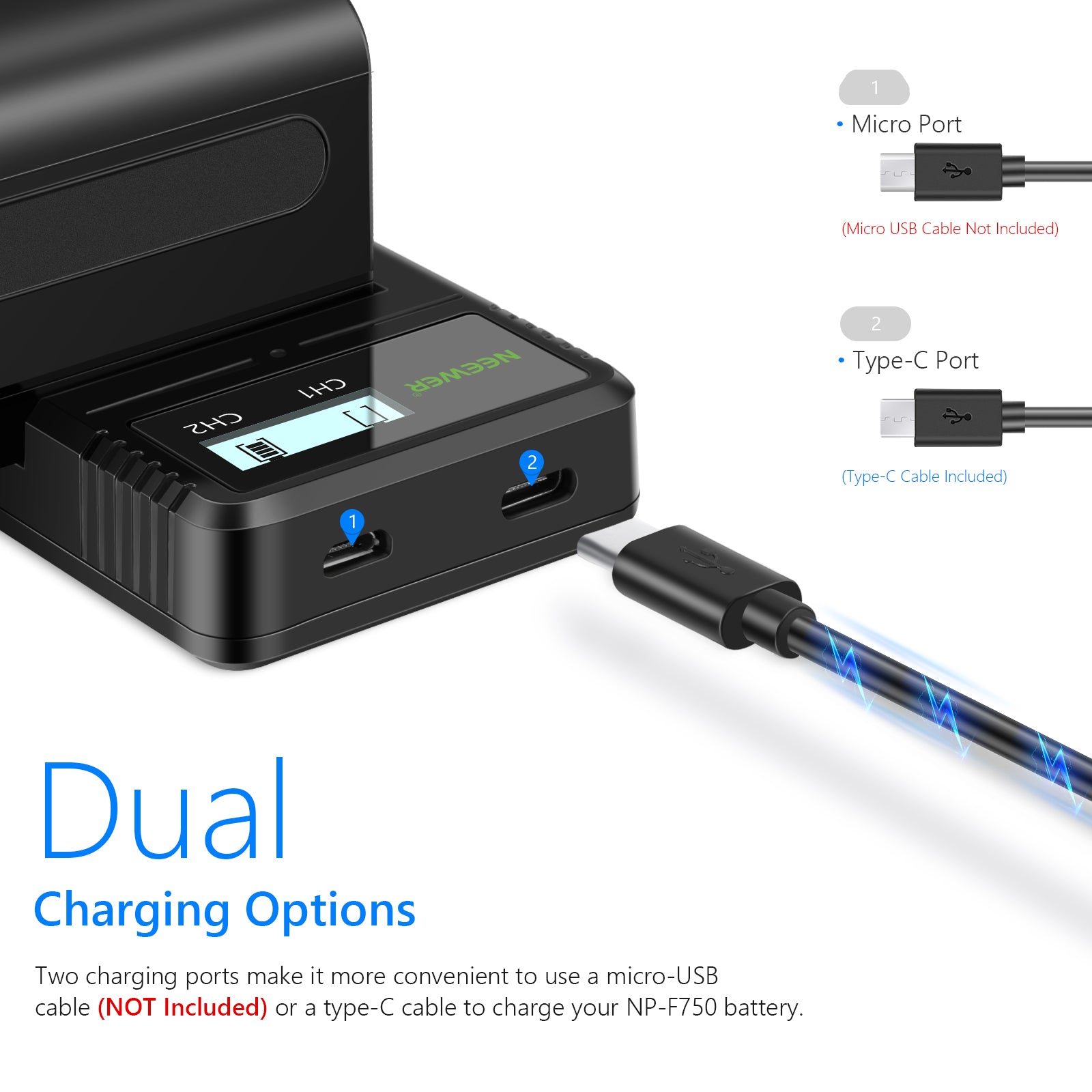 NEEWER NP-F750 Dual Channel Battery Charger Set for Sony Cameras - Fast Charging for Sony NP-F Series Batteries - Perfect for Photography, Videography, and Travel