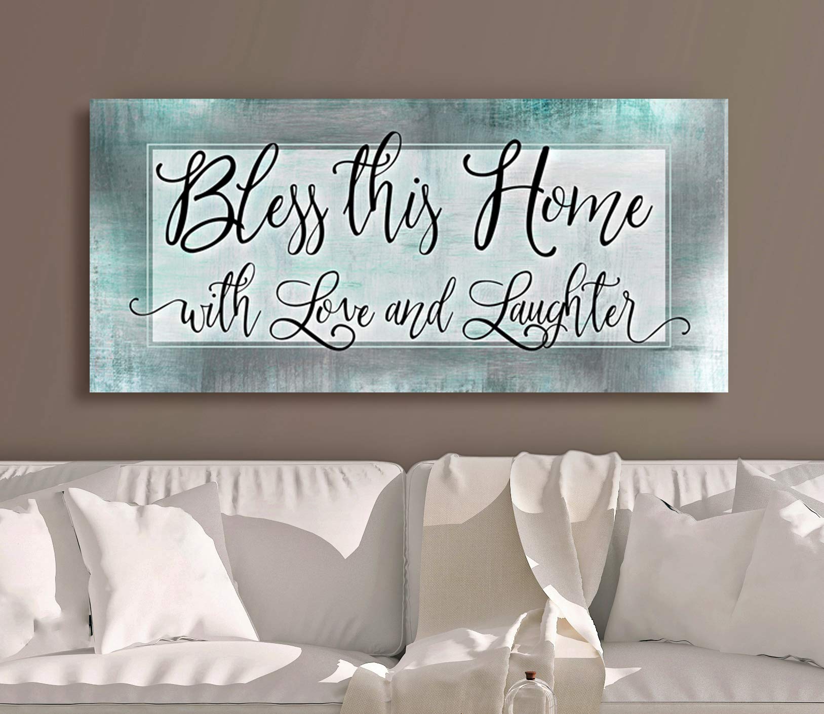 Bless This Home With Love Religious Wall Decor - Rustic Housewarming Gift for Living Room, Bedroom, or Entryway - Light Teal Blessed Sign (42 x 19 Inches) - Perfect for Christian Home Decor & Wedding Presents
