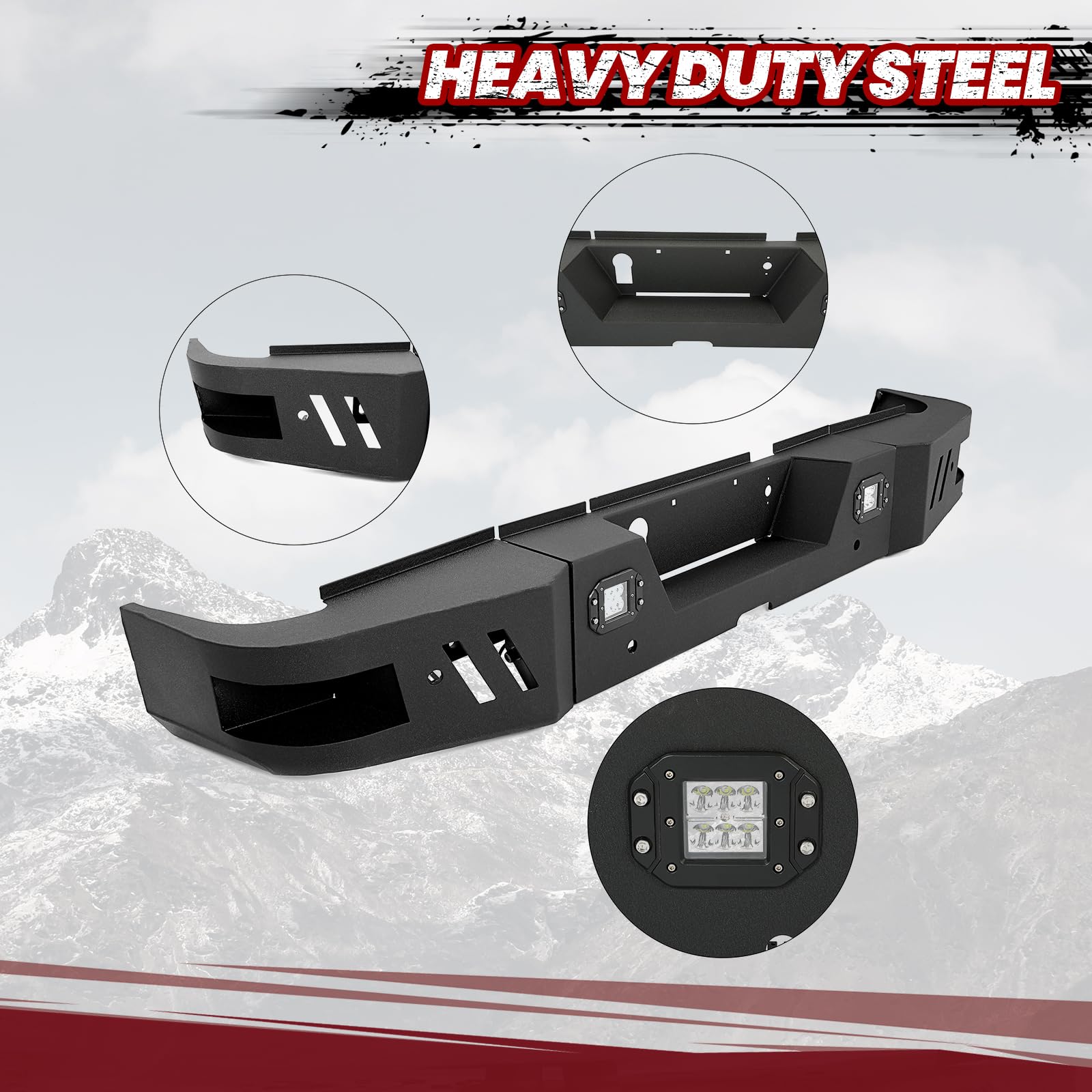 HECASA Heavy Duty Steel Rear Bumper with 2x18W LED Lights for 2010-2022 Dodge Ram 2500 3500 | Black Powder Coated Off-Road Bumper | Perfect for Truck Protection & Off-Road Adventures (2-Pack)