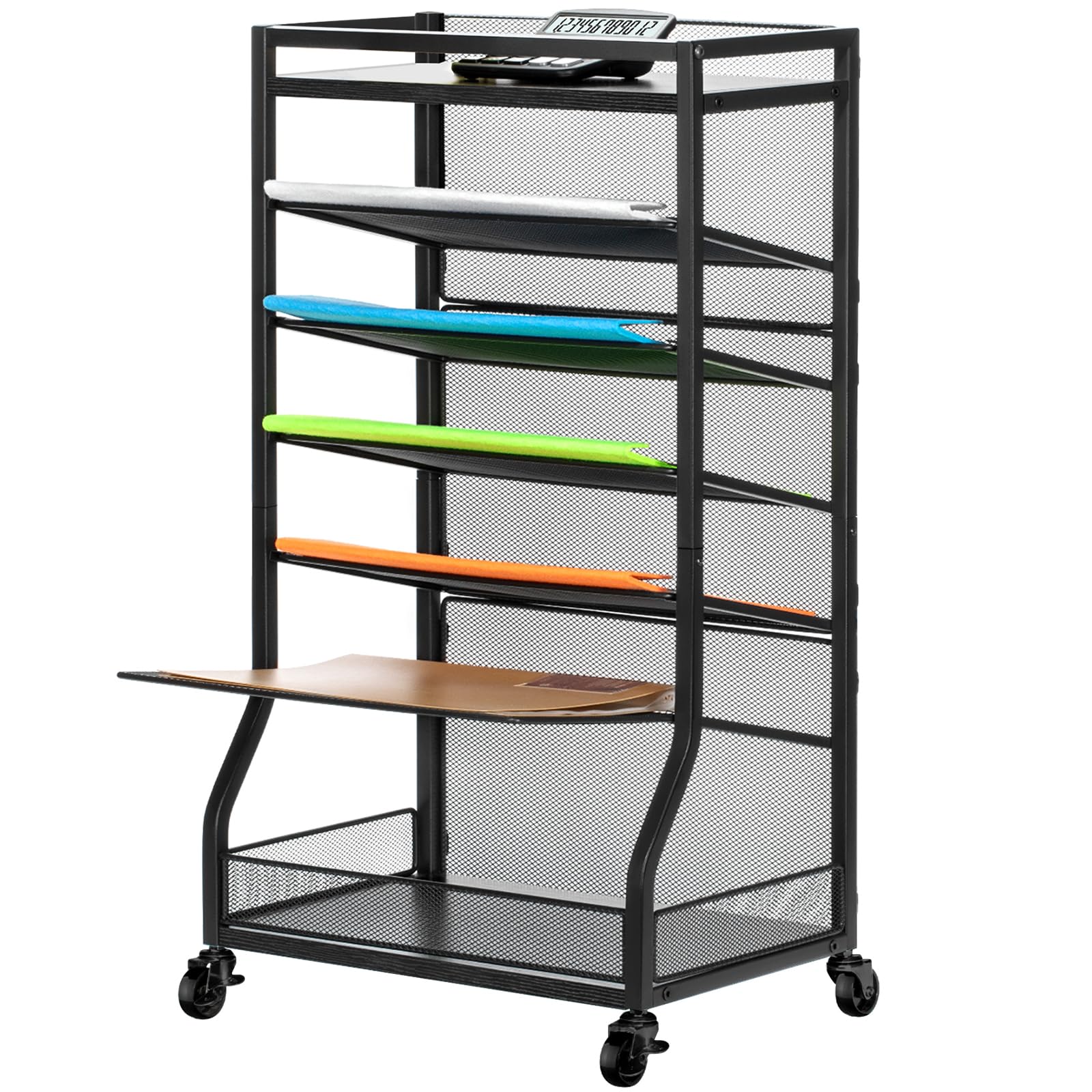 7-Tier Rolling File Cart with Sliding Trays - Wood & Metal File Organizer for Desk, Free-Standing File Holder & Paper Letter Tray - Mesh Desk Organizer for Home, Office & School (Patented) - Perfect for Document Storage, Office Organization & Workspace Efficiency