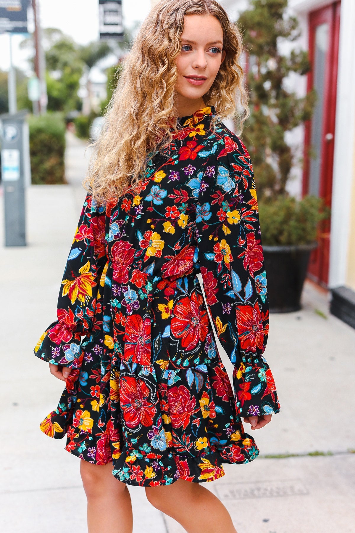 Elegant Black Floral Sequin Print Ruffle Sleeve Mock Neck Dress for Women - Perfect for Cocktail Parties, Date Nights & Special Occasions