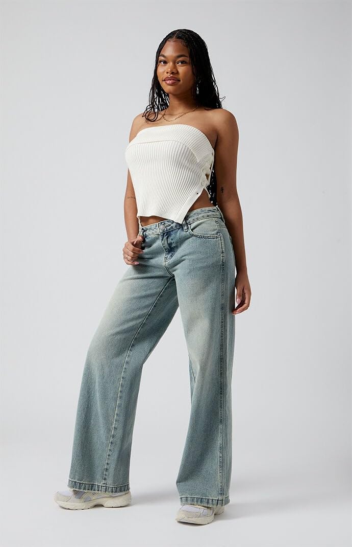 PacSun Women's Casey Tint Low Rise Baggy Jeans - Medium Indigo Wash | Vintage Distressed Denim Pants for Casual Outfits & Streetwear Fashion