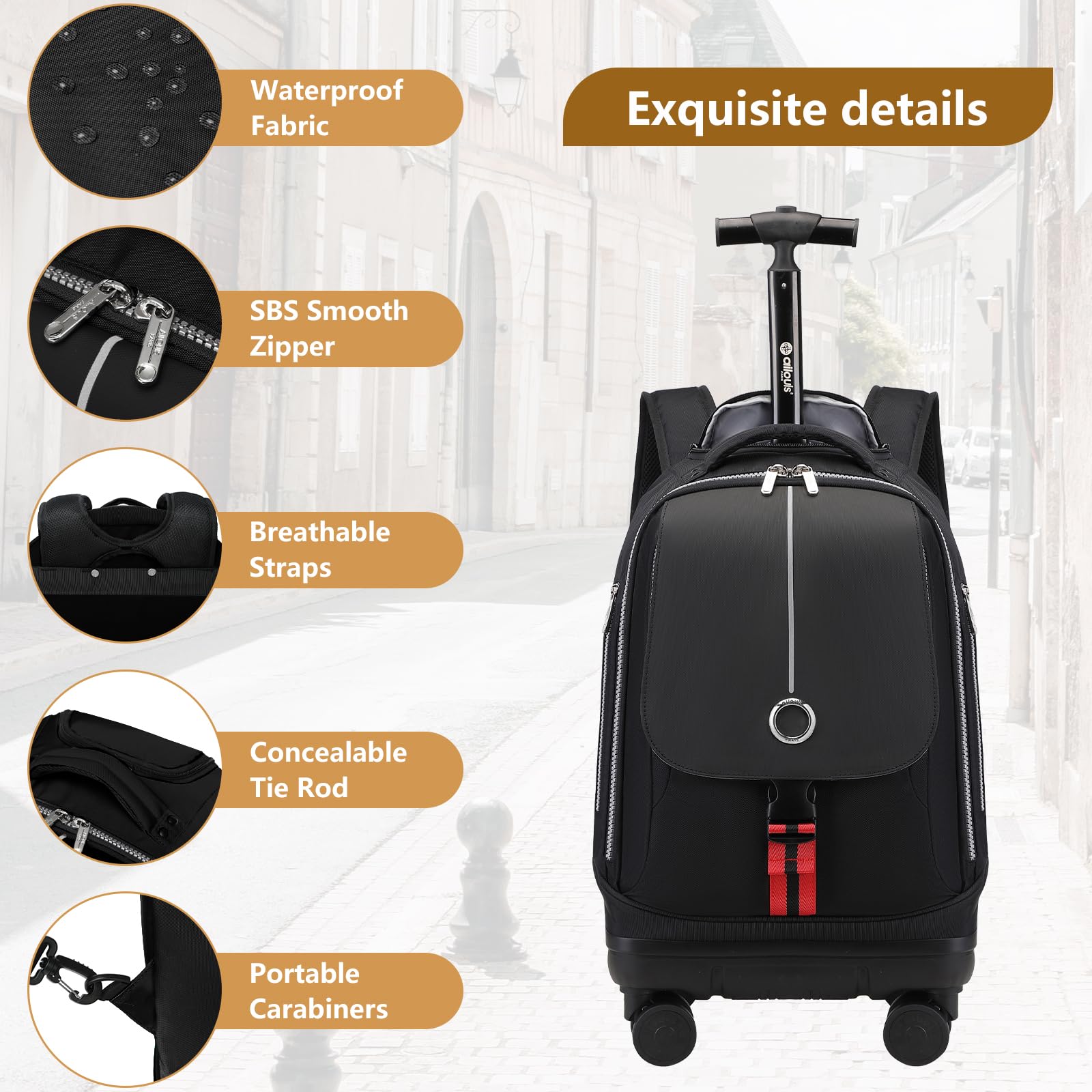 18 Inch Rolling Backpack with 4 Detachable Wheels - Water Resistant Wheeled Laptop Backpack for Men & Women | Carry-On Luggage, Business Travel Bag for Work & Airplane | Perfect for Commuting, College & Business Trips (Black)