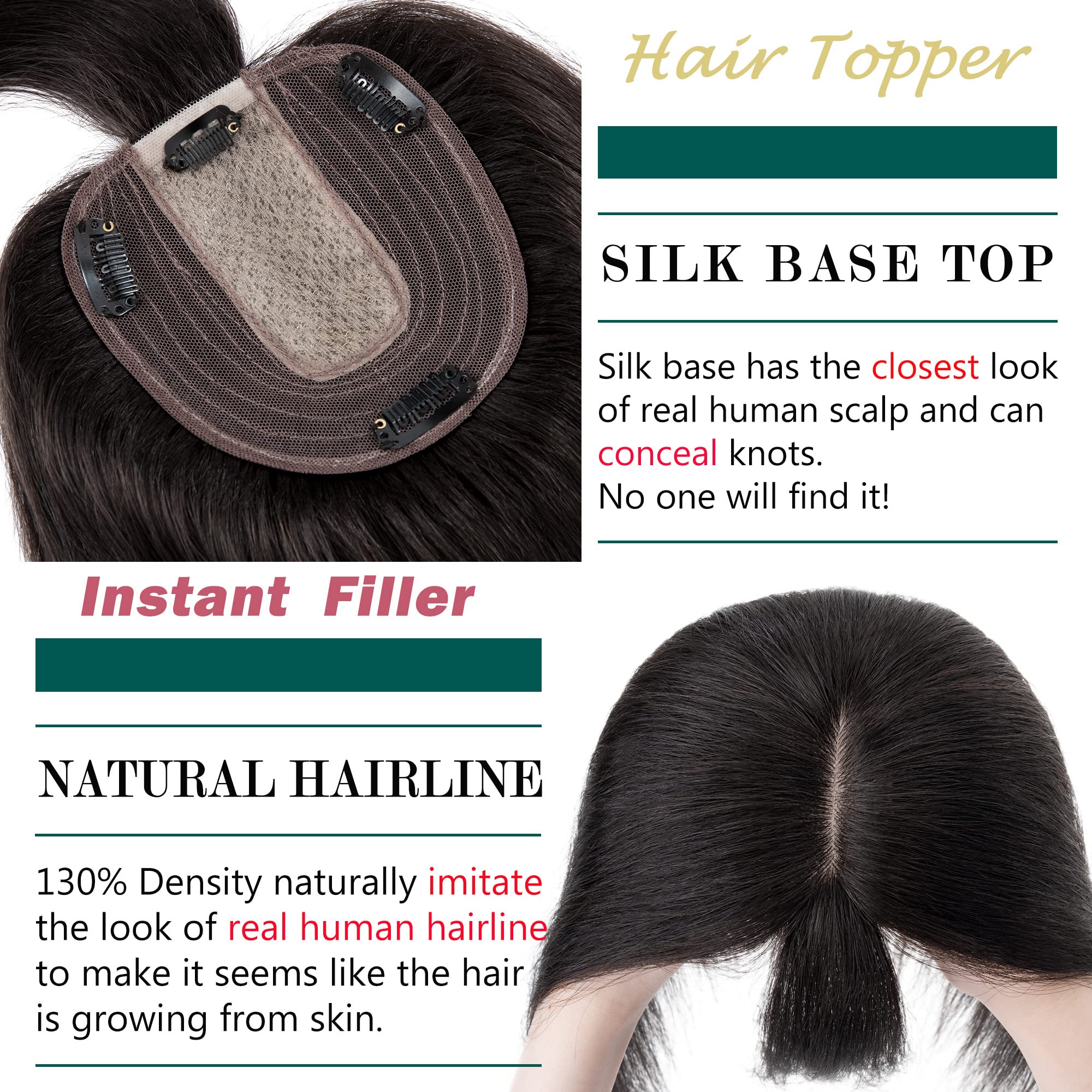 S-noilite 130% Density Human Hair Toppers with Bangs - Hand Tied Silk Base Clip-In Hairpiece for Women with Thinning Hair & Hair Loss - Natural Black 10 Inch 35g - Perfect for Daily Wear, Parties & Special Occasions
