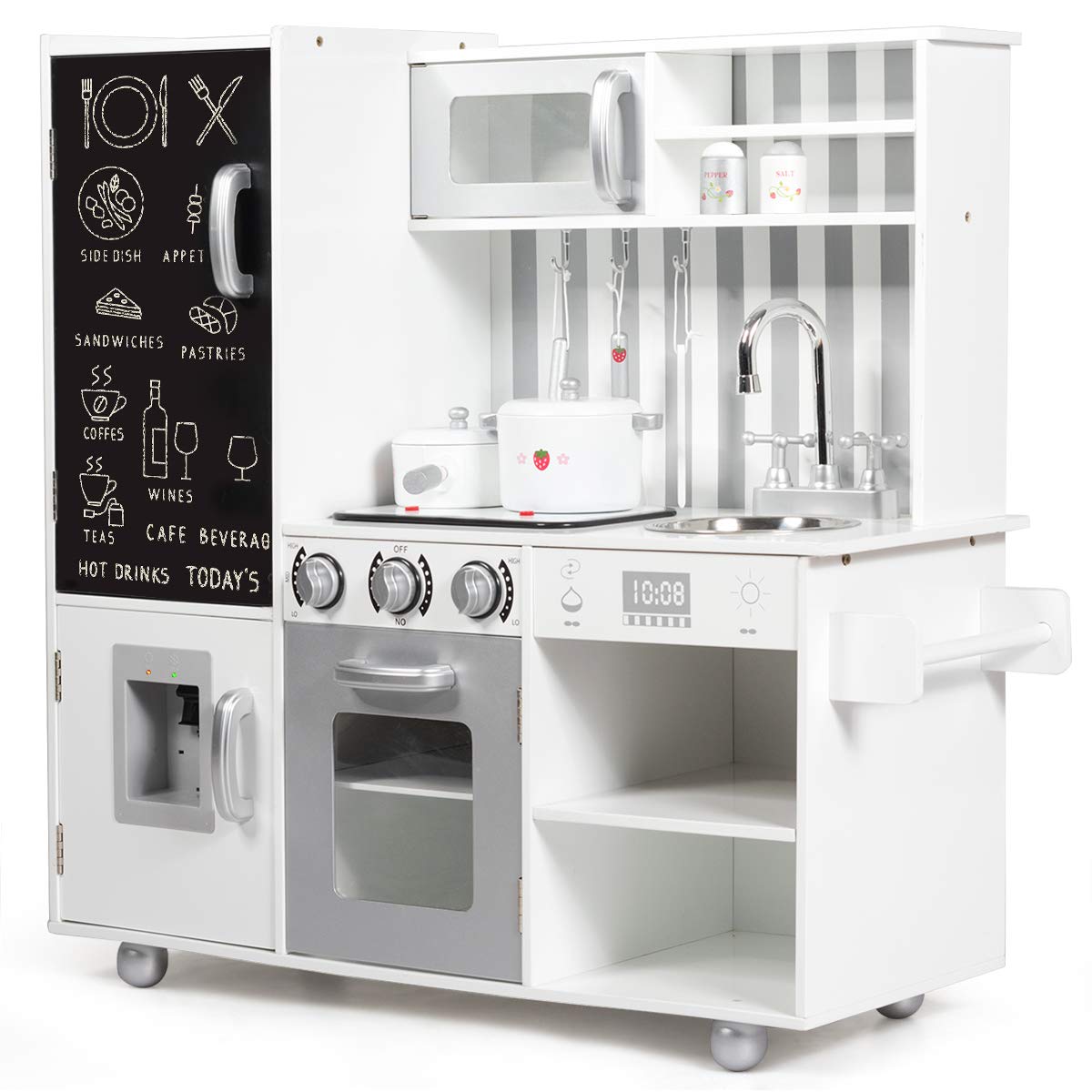 Fireflowery Kids Kitchen Playset - Pretend Play Kitchen for Toddlers with Simulated Sound, Utensils, Blackboard, Sink & Stovetop - Modern Wooden Toy Kitchen Set for Ages 3+ | Perfect for Role Play, Birthday Gifts & Early Learning Development