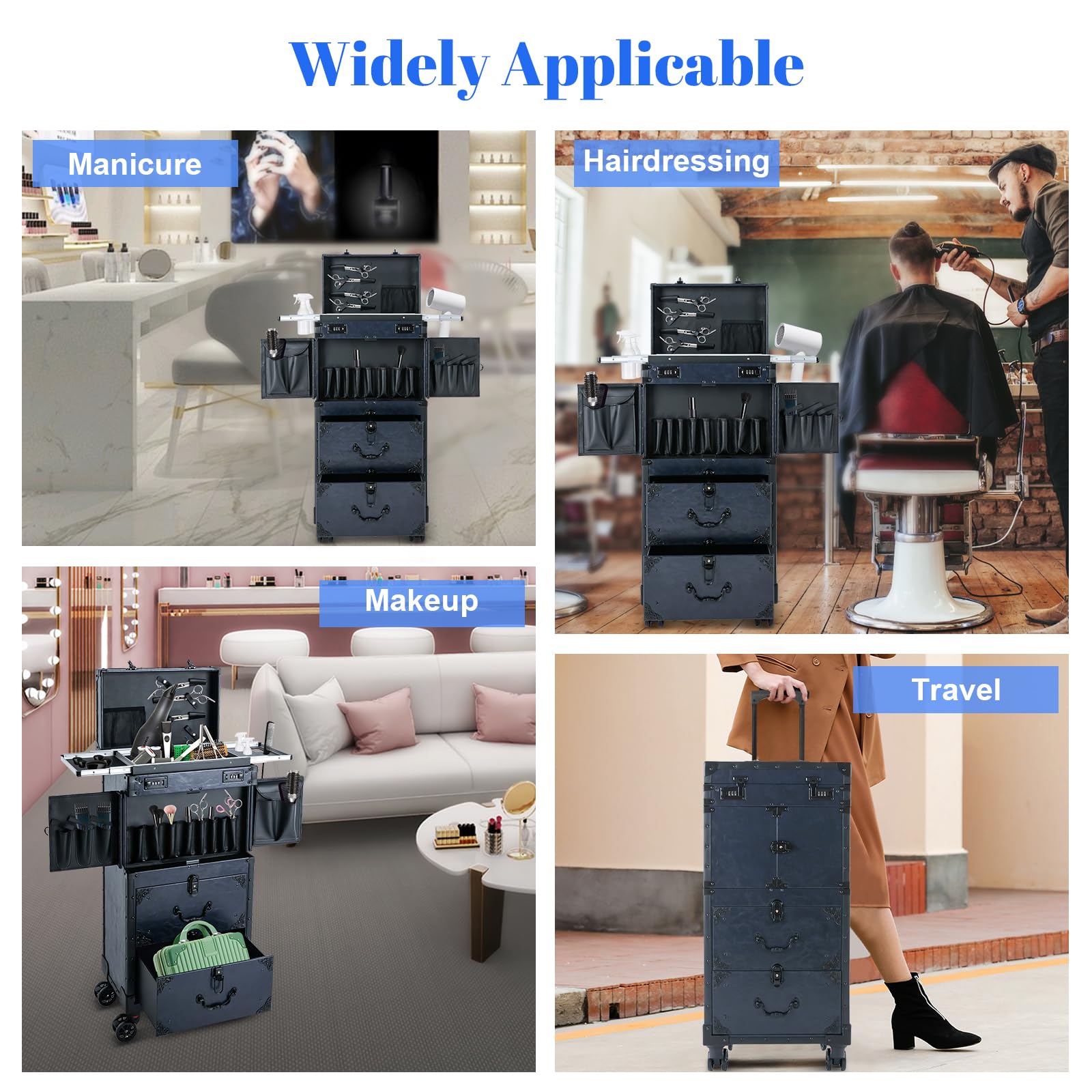 Professional Rolling Makeup Train Case with 360° Swivel Wheels - Large Portable Nail & Hairstylist Organizer for Cosmetologists (Blue) | Perfect for Salon, Travel & Mobile Beauty Services