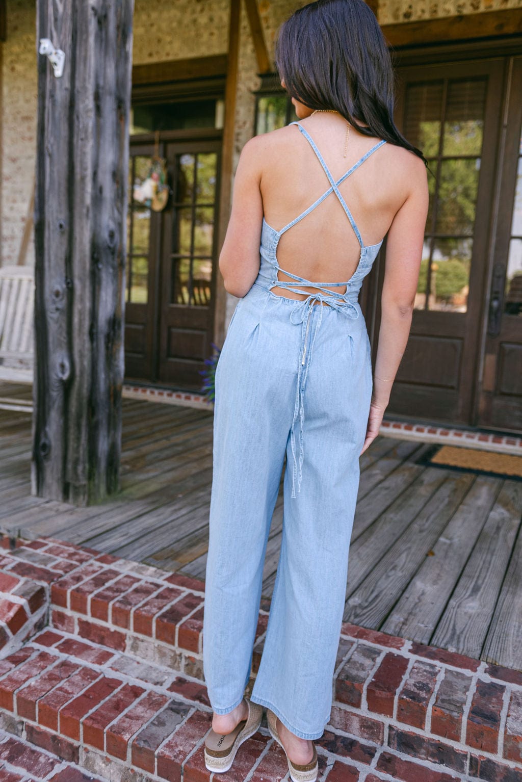 Light Wash Tie Back Wide Leg Jumpsuit for Women - Casual Summer Romper with Pockets | Perfect for Beach, Vacation & Everyday Wear