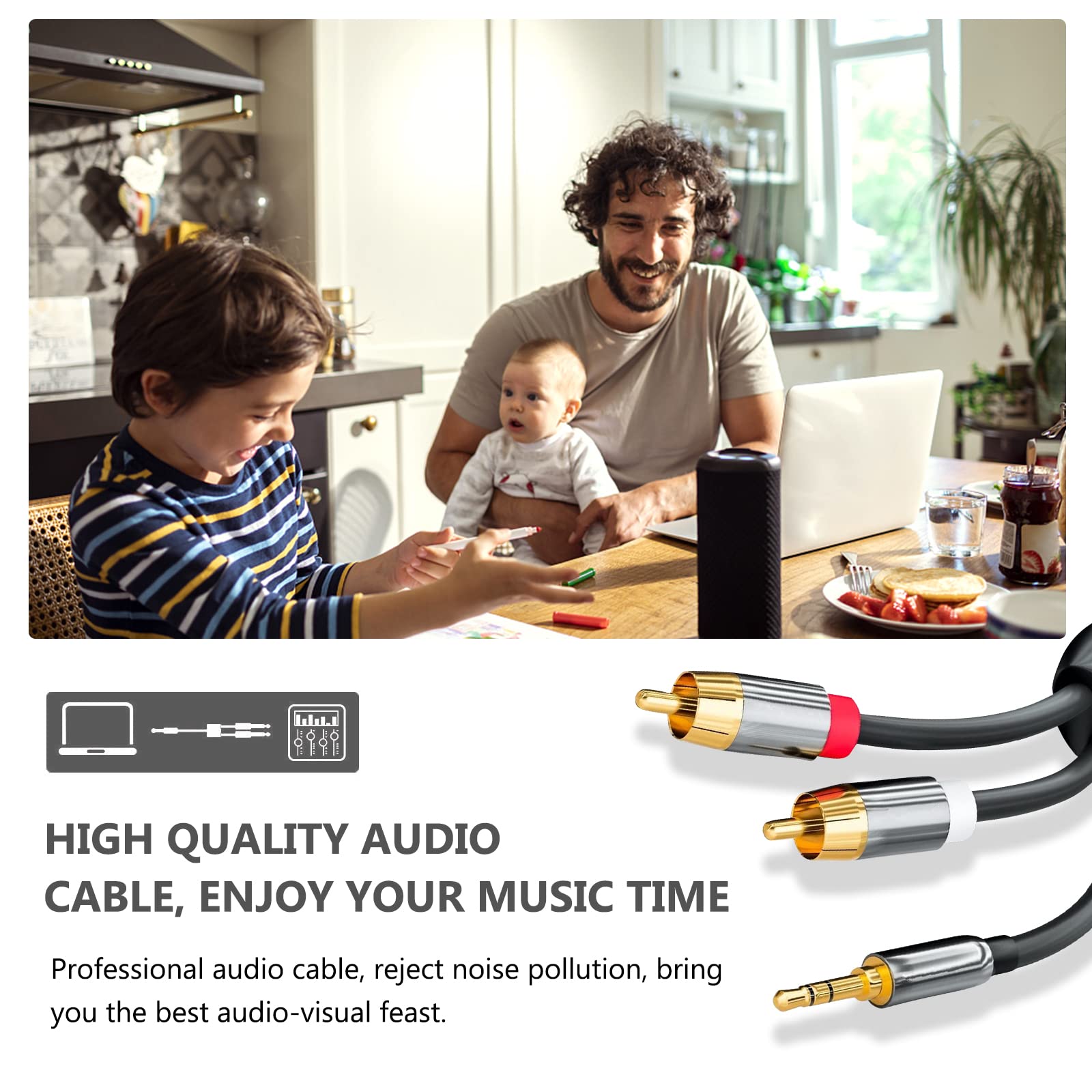 Premium RCA to 3.5mm Audio Cable - 6.6ft Stereo Y Splitter Cord with Gold-Plated Connectors for Smartphones, Speakers, HDTV, Home Theater & Car Audio Systems - High-Quality Audio Transmission for Enhanced Sound Experience