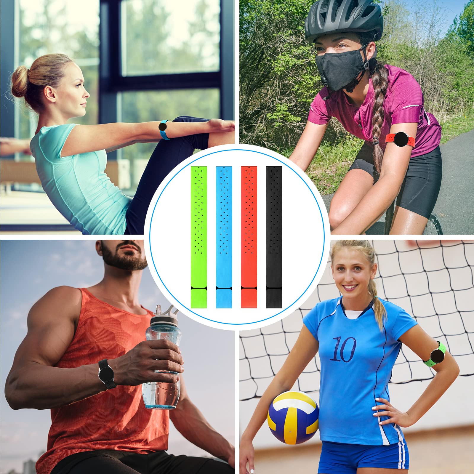 Oudain 4 Pack Replacement Heart Rate Monitor Strap - Soft Adjustable Fitness Armband for Exercise & Workouts (0.8 x 11.8 Inch, Black/Orange/Green/Blue) - Ideal for Running, Cycling, Gym & Cardio Training