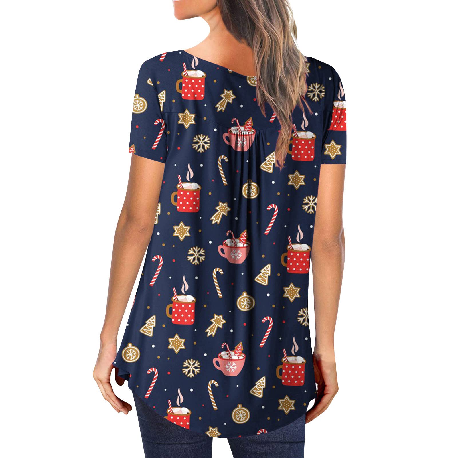 AMhomely Women's V-Neck Floral Printed Tunic Blouse - Short Sleeve Button-Up T-Shirt & Christmas Graphic Sweatshirt with Reindeer Santa Design - Perfect for Holiday Parties, Office Wear & Casual Outfits (UK Size)
