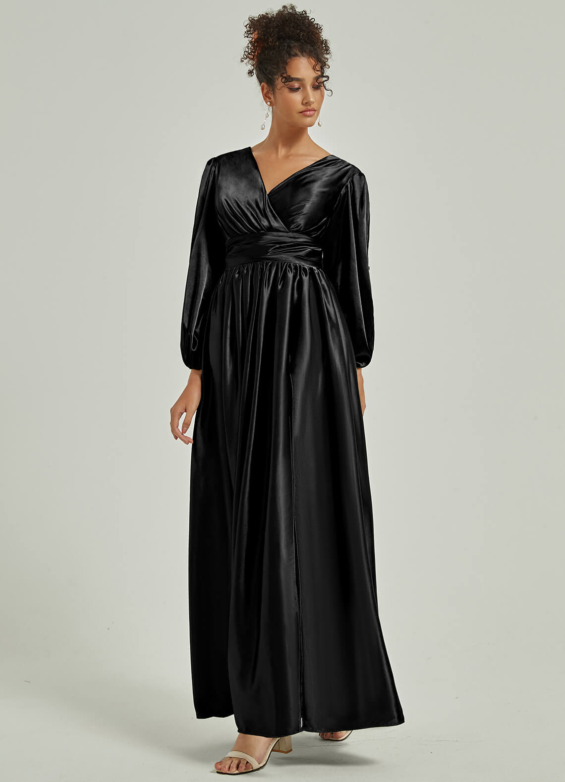 Elegant Black Satin Bridesmaid Dress with 3/4 Sleeves, V-Neck & Slit Pleated Design - Perfect for Weddings, Parties & Formal Events